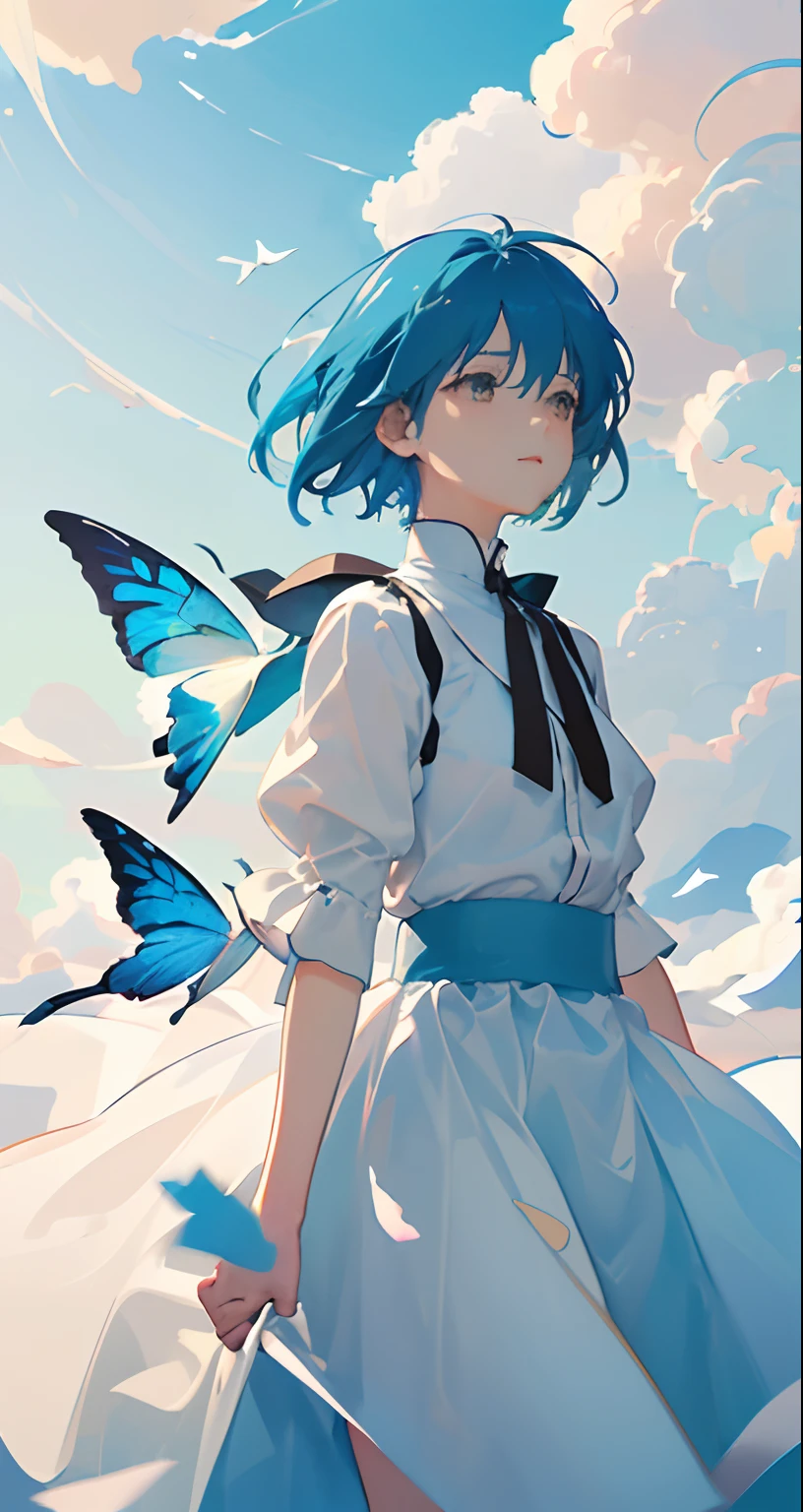 masterpiece、top-quality、Movie stills、One girl、floating in sky、Cloud Girl、clouds、(a closeup:1.1)、with light glowing、Happiness、A delightful、Soft lighting、(Bauhaus、form、Line、abstracted:1.1)Gilji Bluehair Shorthair、butterflys々、Black long skirt