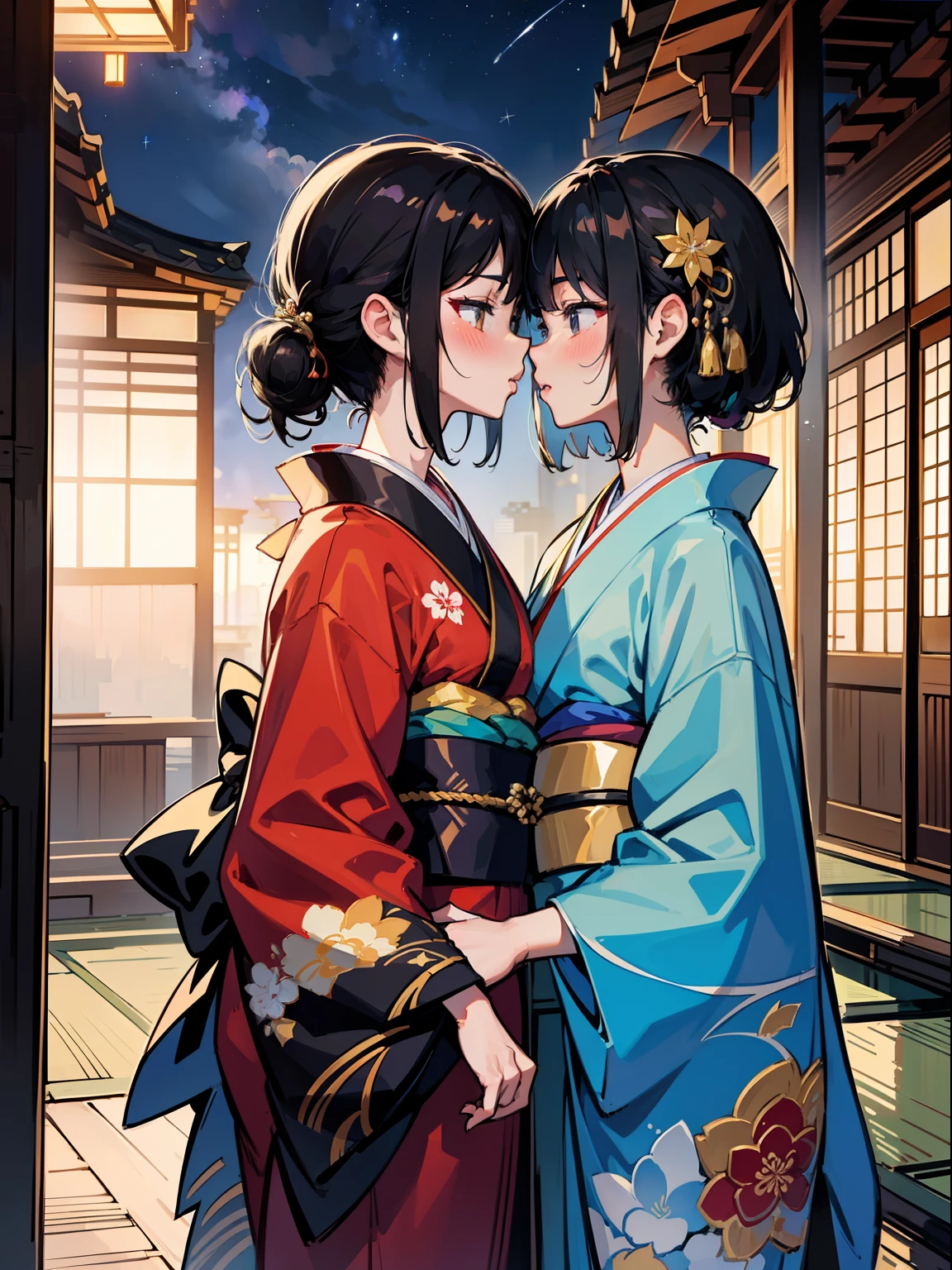 master-piece,hyper quality, hyper detailed,perfect drawing,two beautiful girls, lovers, dodging kisses, closing eyes, kimono beauty, kimono, kimono, kimono, black hair, japanese hair, half-open lips, sucking lips strongly, drooling, elegant, brilliant, beautiful, blush (0.2), gorgeous, beautiful, gorgeous, gentle, starry sky, milky way, summer triangle, Tanabata and bamboo ornaments, precise drawings, detailed drawings,
