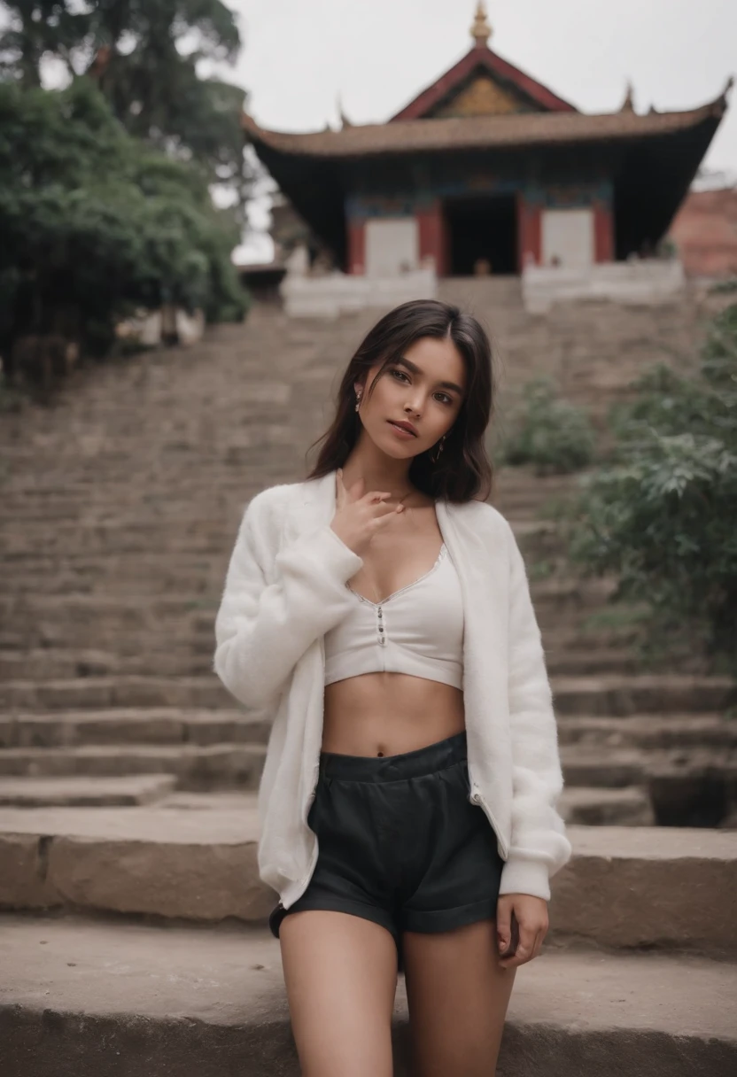 tourist, in the style of rap aesthetics, girl，Nepal，make for a memorable photo. The background is to the ancient temples and palaces of Kathmandu ，photo taken with fujifilm superia, charly amani, oversized portraits, babycore, full body, shorts, crop top