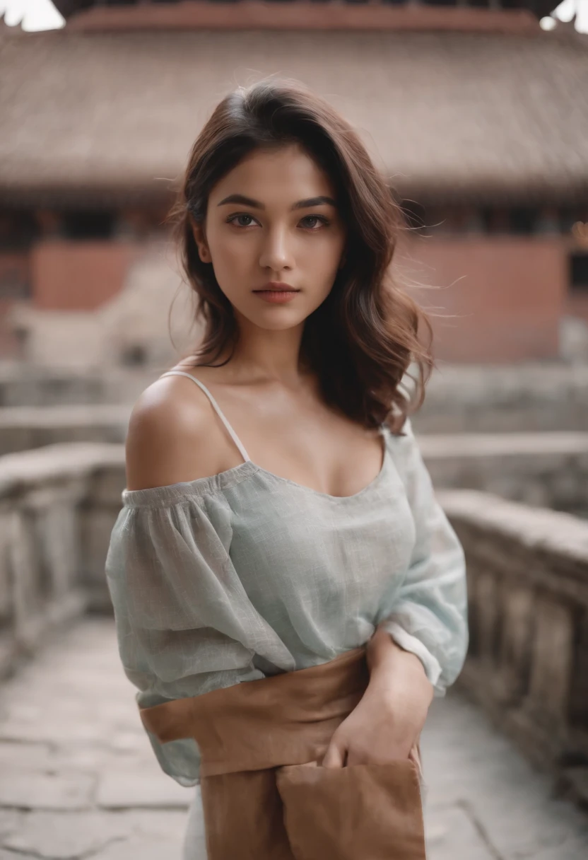 tourist, in the style of rap aesthetics, girl,Nepal,make for a memorable photo. The background is to the ancient temples and palaces of Kathmandu ,photo taken with fujifilm superia, charly amani, oversized portraits, babycore, full body, shorts, crop top
