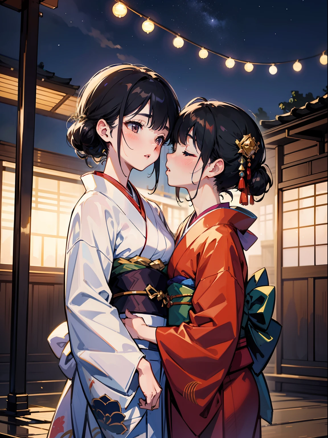 Brown haired sisters，Lesbian，In heat，They are hugging each other，kimono，Half naked，Squirting