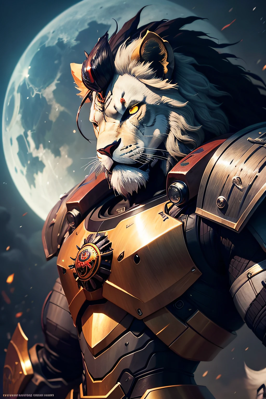 A closeup of a robot with a large horn with Norse writings, samurai touro preto, samurai moon lion, robot animal, mecha animal, leone , futuristic robot devil, Stylized logo of cyberpunk Lion, Transformers Movie Style Tech, Lion em armadura antiga, leone, Lion, Lion of the Path of Exile, Ciborgue - Pittouro com ccidade no fundo