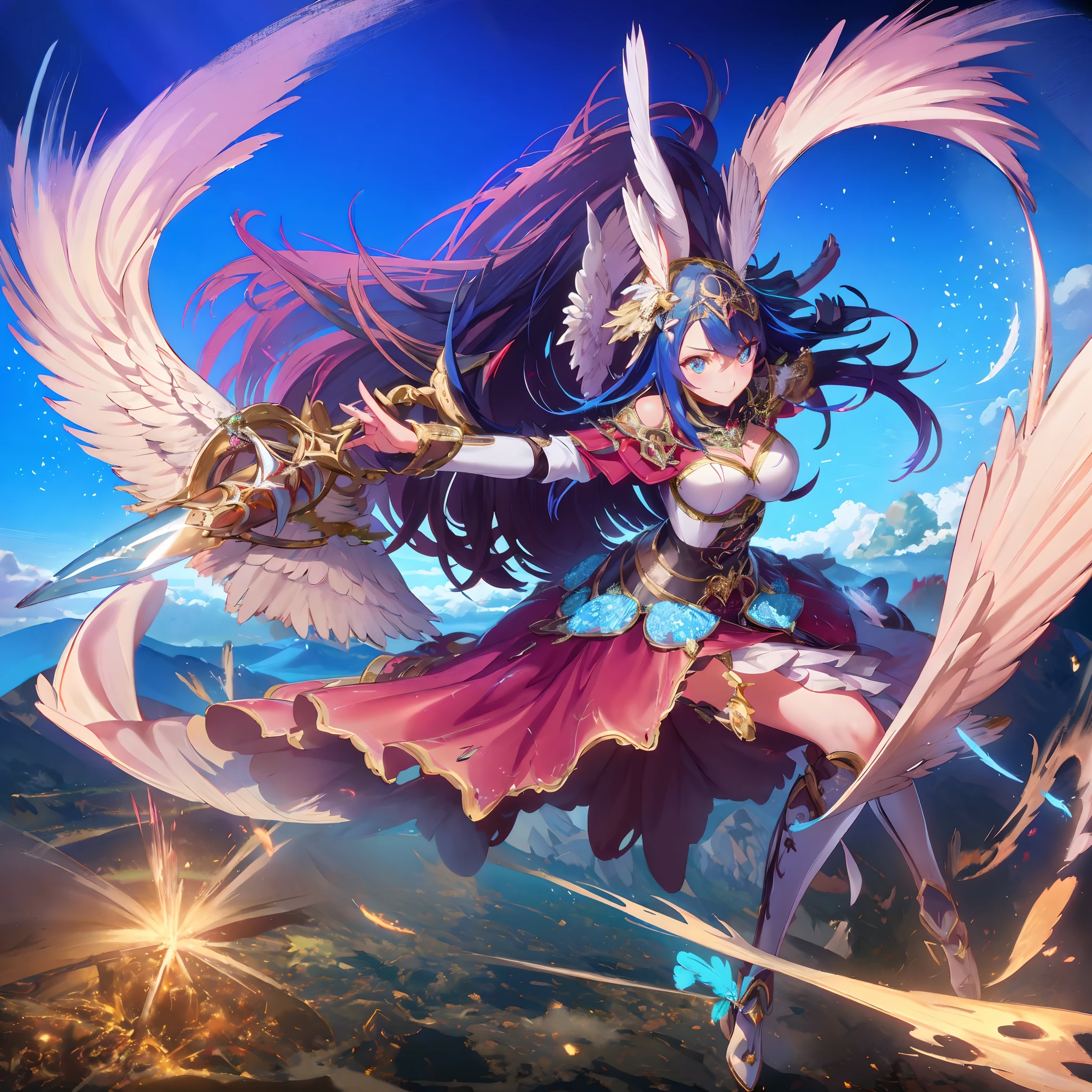 (((8K,masutepiece,Best Quality))), maxiskit, dress conservatively 1 girl, Solo, Full body, wide shoot,BREAK、(((Cute angel flying in the blue sky))), Fantasy, Big Angel Wings, Big smile, Blue long wavy hair, Blue hair, Delicate eyes, beautifullydetailedbackground, BREAK、(Above the clouds in the blue sky), (2 large feathers:1.3), Lens Flare,Anime girl with angel wings and sword in hand, anime goddess, goddess of Japan, cushart krenz key art feminine, angel knight girl, Seductive Anime Girl, beautiful alluring anime woman, anime fantasy artwork, high detailed official artwork, marin kitagawa fanart, anime fantasy illustration, beautiful celestial mage, Very detailed ArtGerm, Detailed Digital Anime Art（（Super best quality））， （（A very masterpiece））， （（super detailing：1.4））， （（hyper realistic lifelike 3d））， Dragon Warrior Girl， Mechanical body， Dynamic action poses in battle scenes， Mechanical weapons of very complex and heavy fighters， Off-the-shoulder fashion that blends dense and complex steampunk with dense gothic lolita， Complex steampunk headgear， very thin long legs， Mechanical boots above the knee， Fluttering lace flared mini skirt， beautiful small breasts directed upwards，Slightly long, vertically curly silver hair flutters in the wind，Countless shining large spheres flying around，Many sparks cross and fly，Countless neon signs rained down from magic-evoking gestures，Steampunk Factory，Complex and precise mechanical ruins，Very dark night background，Very dramatic and cinematic lighting。