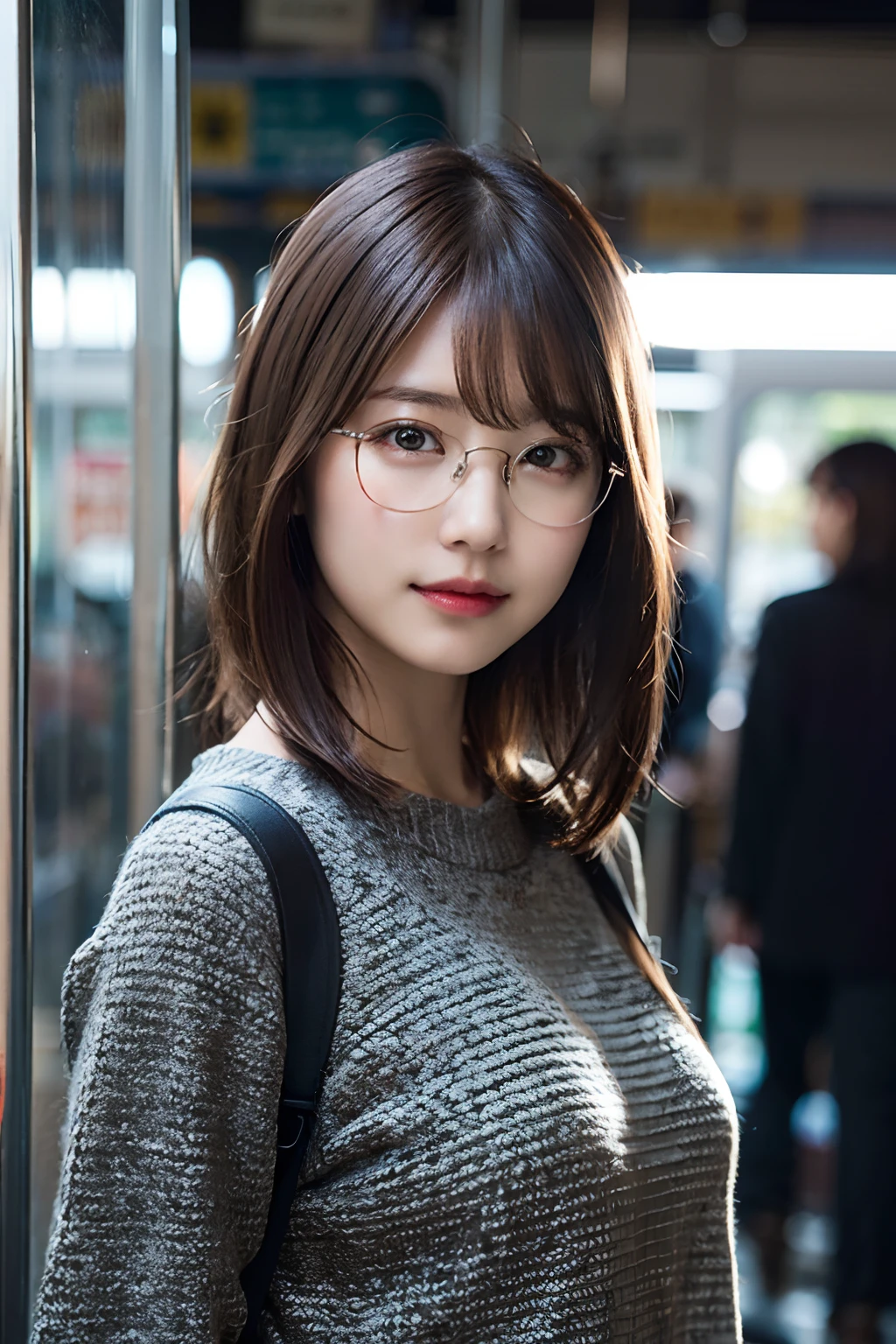 (8K、Raw photography、top-quality、masterpiece:1.2)、(realisitic、Photorealsitic:1.37)、ultra-detailliert、超A high resolution、1人、see the beholder、beautifull detailed face、A smile、Constriction、(Slim waist) :1.3)、short-cut、Beautiful detailed skin、Skin Texture、Floating hair、Professional Lighting、Wait for the platform train、Black square glasses 、Whole human body、Brown hair