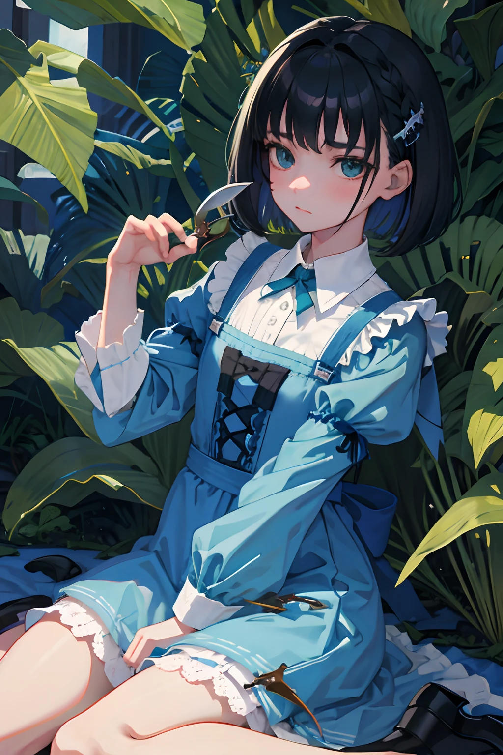 wariza,hand between legs,,(masterpiece,Highest Quality),shortsleeves,Blue-green Gothic Lolita,Sleepy face,A dark-haired,Medium bob,utility knife,Small scissors
