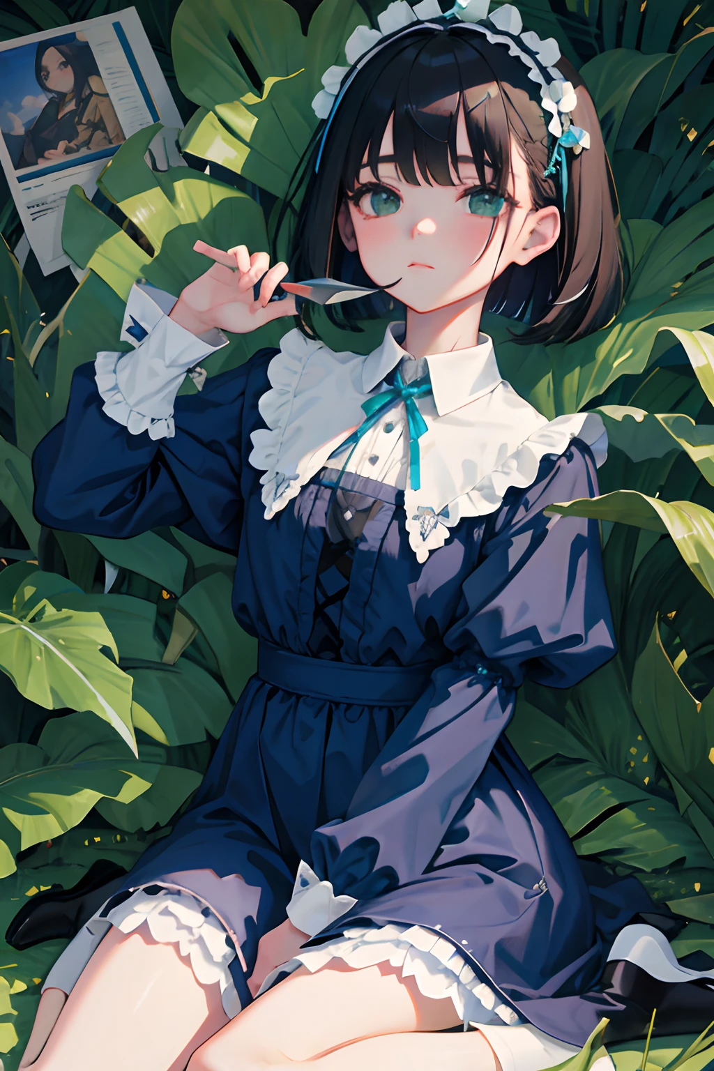 wariza，hand between legs，child，（​masterpiece，Highest Quality），shortsleeves，Blue-green Gothic Lolita，Sleepy face，A dark-haired，Medium bob，utility knife，Small scissors
