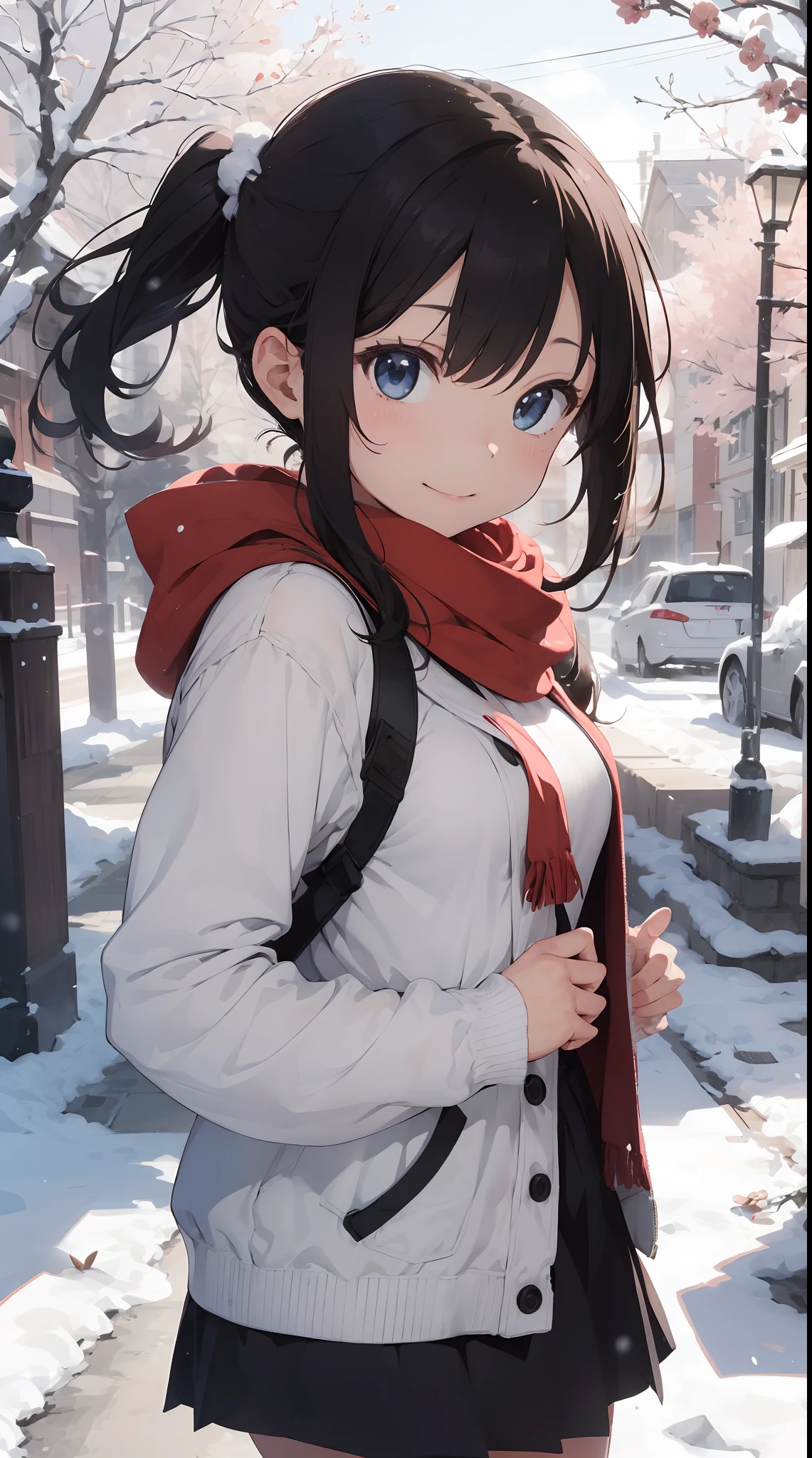 Illustration of a girl making a snowman in a snowy landscape。She wears a red coat and a black skirt.、Her hair is golden twin tails。She wears a scarf and hat on a snowman.、Smiling happily。There is white snow and trees in the background、You can feel the winter atmosphere。The colors are unified in red and white.、Warmth and cuteness are emphasized。(cuteness:1.5)(soothing:1.3)(hightquality:1.2)(Sketched:1.0)