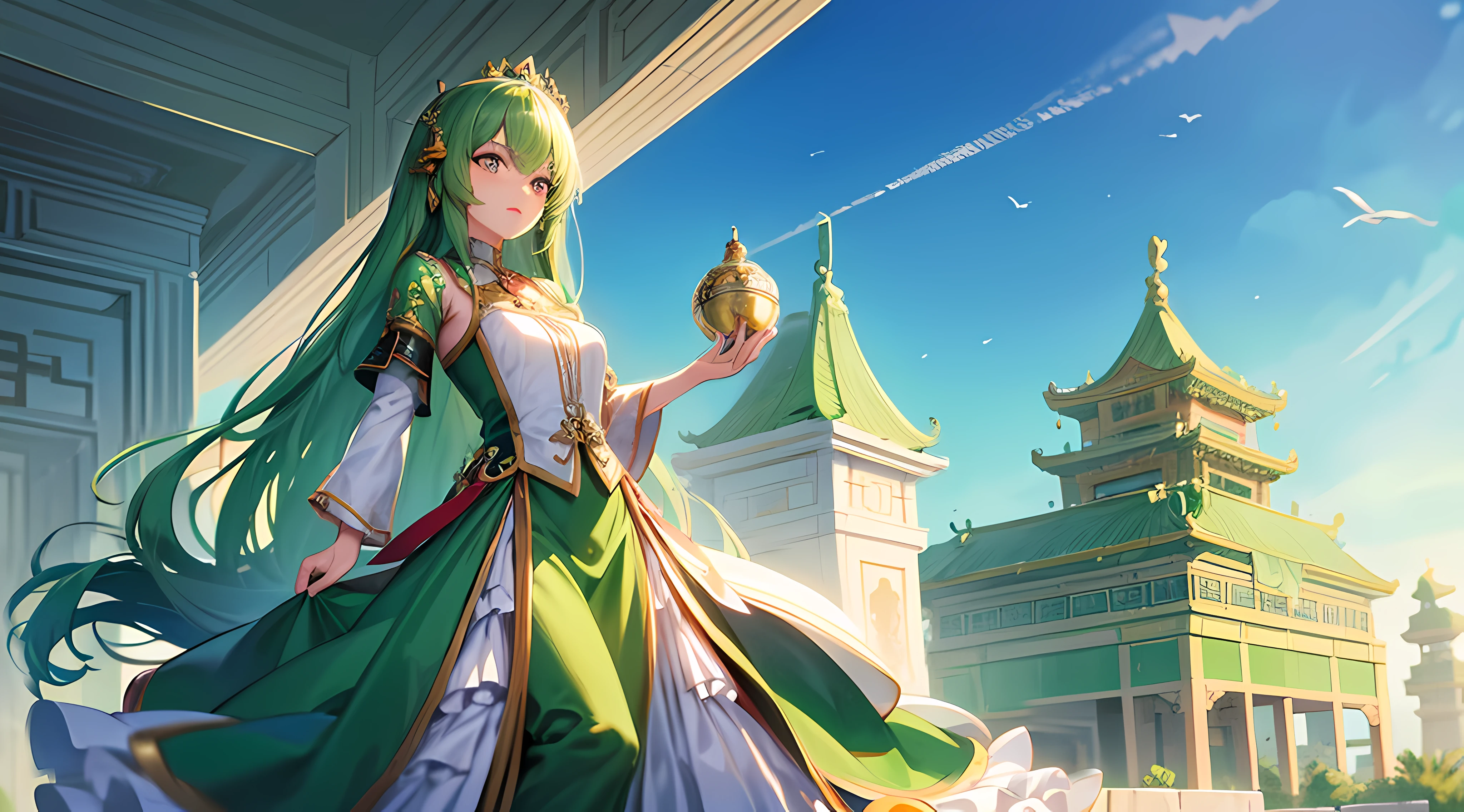 Green girl with long hair，Exquisite palace costume，Stand in front of the Chinese palace，Look up at the sky 45 degrees，