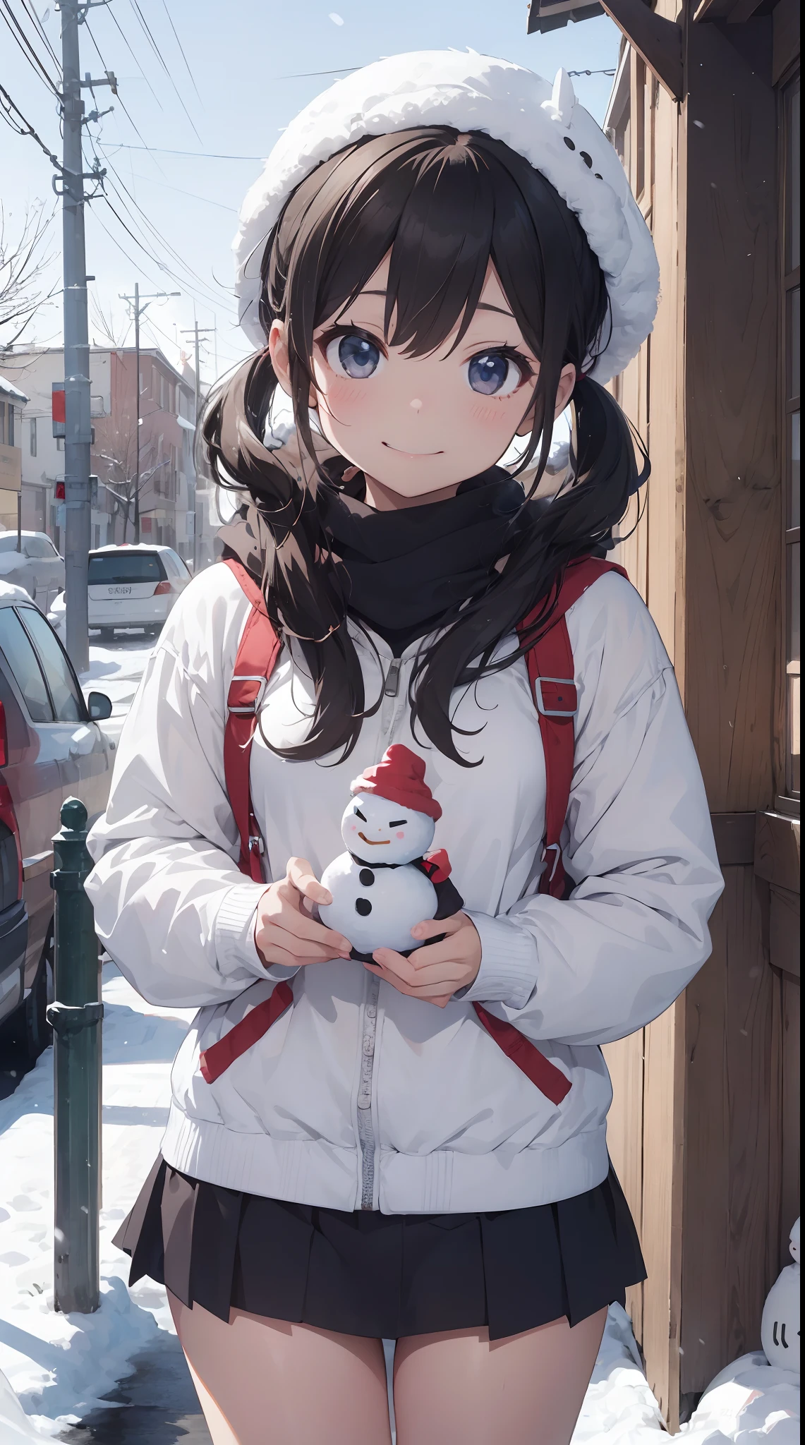 Illustration of a girl making a snowman in a snowy landscape。She wears a red coat and a black skirt.、Her hair is golden twin tails。She wears a scarf and hat on a snowman.、Smiling happily。There is white snow and trees in the background、You can feel the winter atmosphere。The colors are unified in red and white.、Warmth and cuteness are emphasized。(cuteness:1.5)(soothing:1.3)(hightquality:1.2)(Sketched:1.0)
