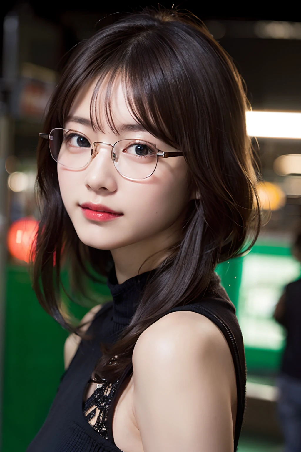 (8K、Raw photography、top-quality、masterpiece:1.2)、(realisitic、Photorealsitic:1.37)、ultra-detailliert、超A high resolution、1人、see the beholder、beautifull detailed face、A smile、Constriction、(Slim waist) :1.3)、short-cut、Beautiful detailed skin、Skin Texture、Floating hair、Professional Lighting、Wait for the platform train、Black square glasses 、Whole human body、Brown hair
