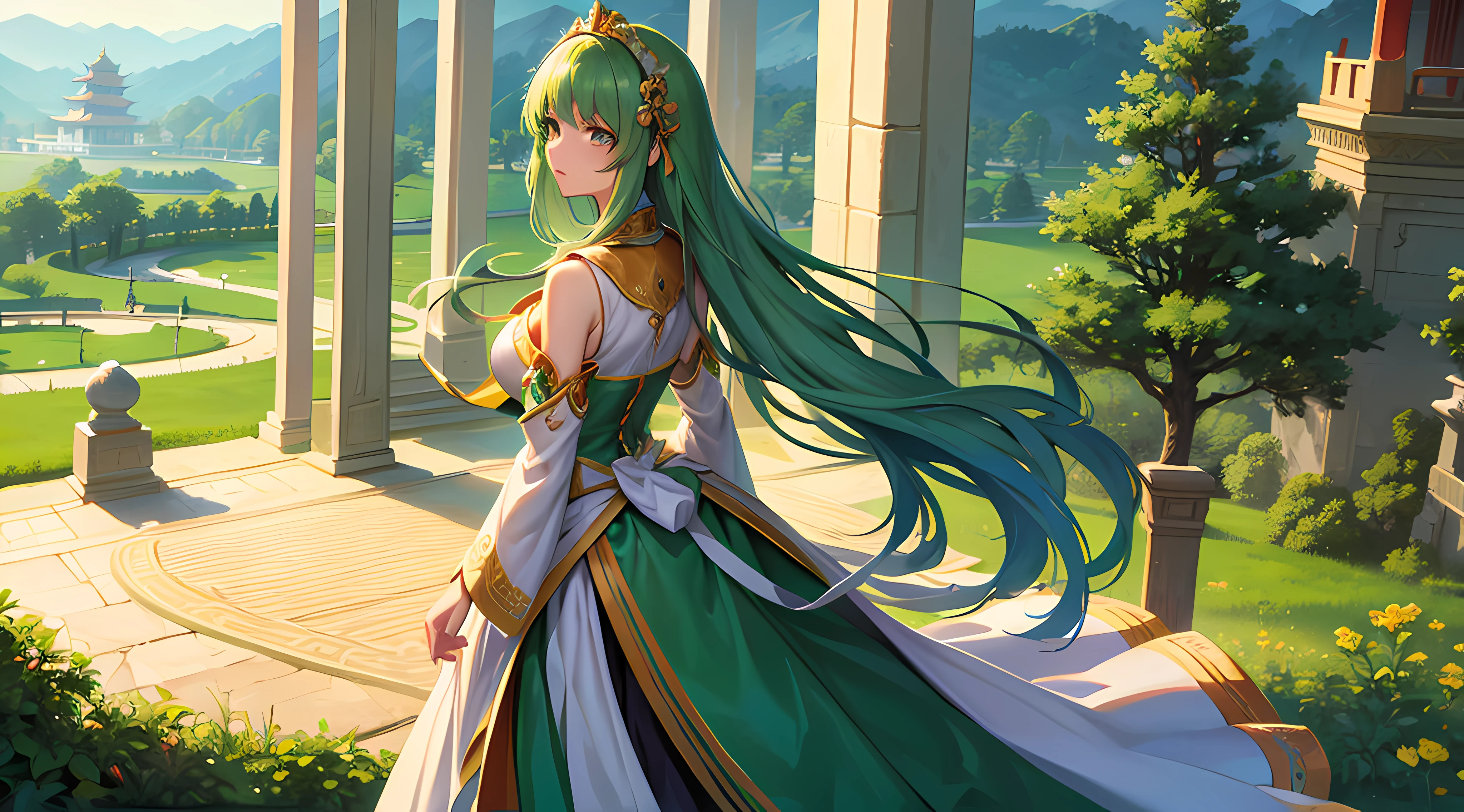 Green girl with long hair,Exquisite palace costume,Stand in front of the Chinese Heavenly Palace,Look into the distance,