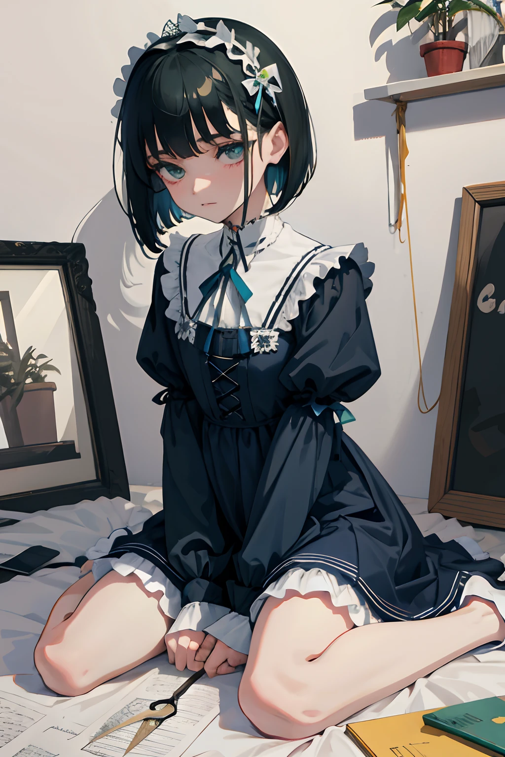 wariza，hand between legs，，（​masterpiece，Highest Quality），shortsleeves，Blue-green Gothic Lolita，Sleepy face，A dark-haired，Medium bob，utility knife，Small scissors