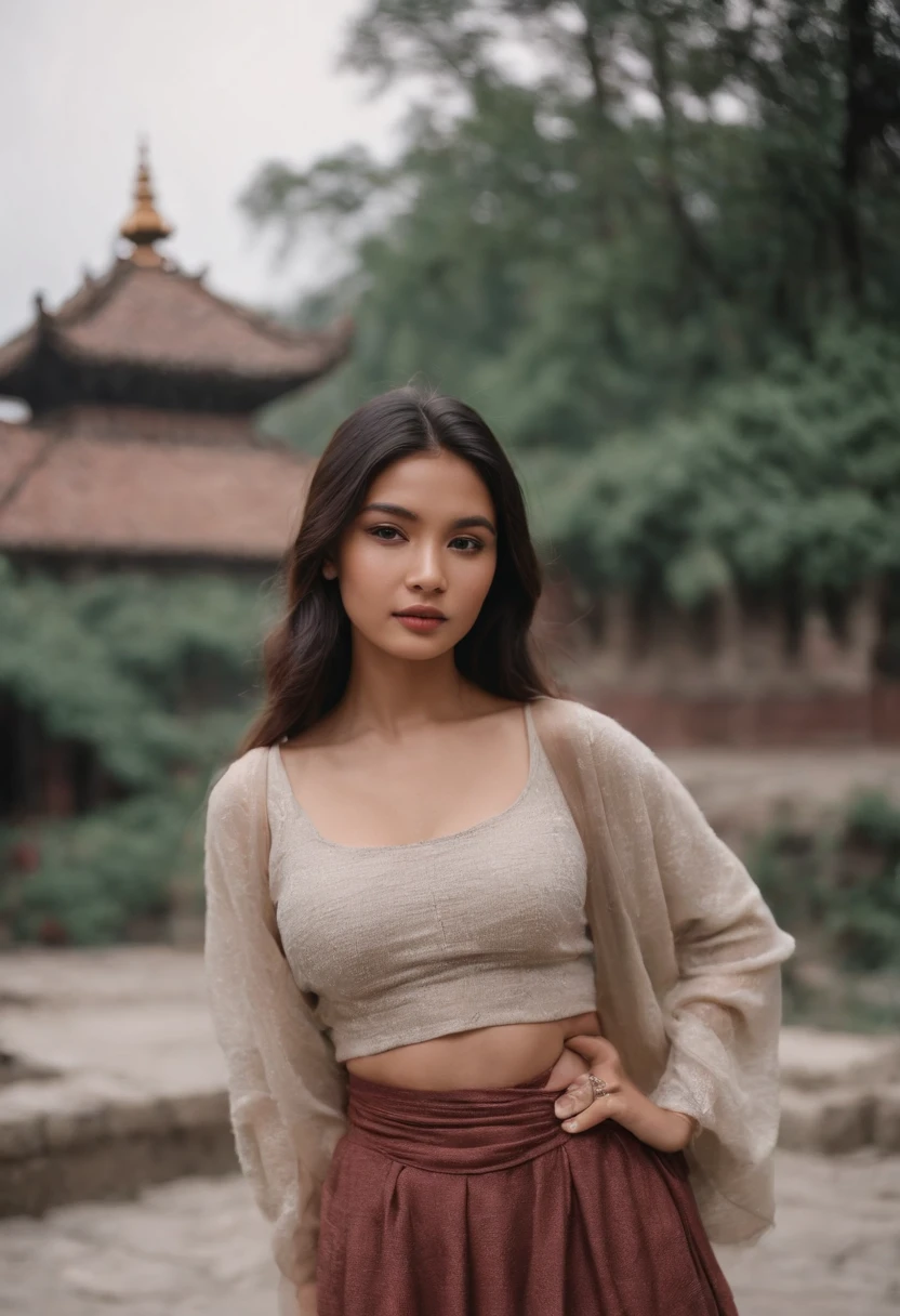 tourist, in the style of rap aesthetics, girl，Nepal，make for a memorable photo. The background places of Kathmandu ，photo taken with fujifilm superia, charly amani, oversized portraits, babycore, full body, skirt, crop top, full body side pose