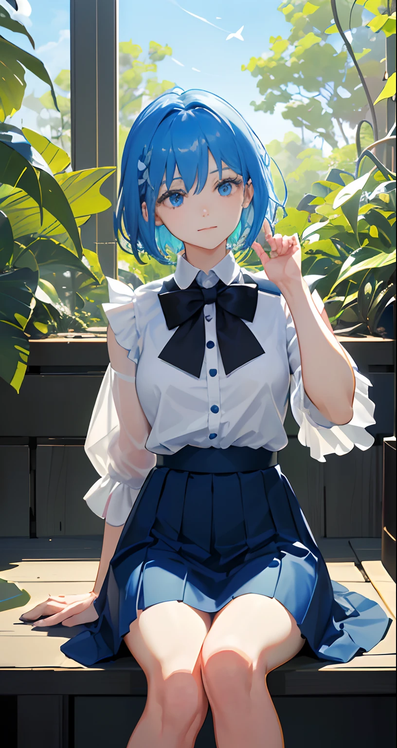 (shirt with collar:1.6), landscapes, white shirt, (Black knee socks:1.2), Beautiful garden, Detailed garden, window, garden, florals, dynamic_pose, light_particles, 1girl in, cowboy shot, 独奏, (blue_hair, short_hair, Big green and sparkling eyes):1.2, Look at viewers, (Light blue pleated skirt, Light blue suspenders:1.4), (Beautiful little city, Detailed small city, steampunc, Many objects), five fingers each, (beautifull detailed face), Sitting next to the window