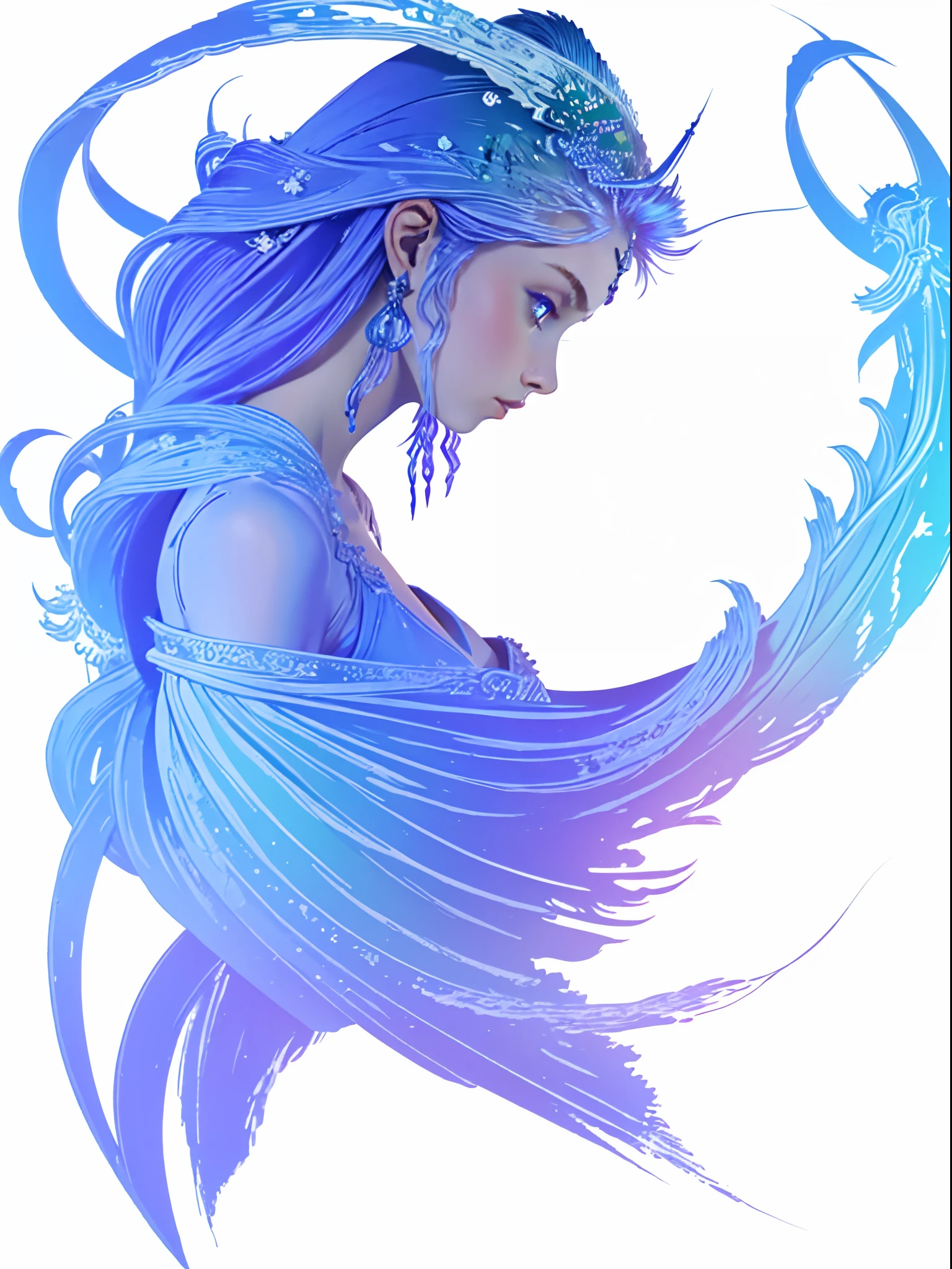 fflogo, white background, simple coloring, blue and purple gradient, masterpiece, best quality, intricate details, 1girl, solo, stunning warrior female, dainty, elegant, prim, proper, swirling magic, green eyes, side profile, full body,