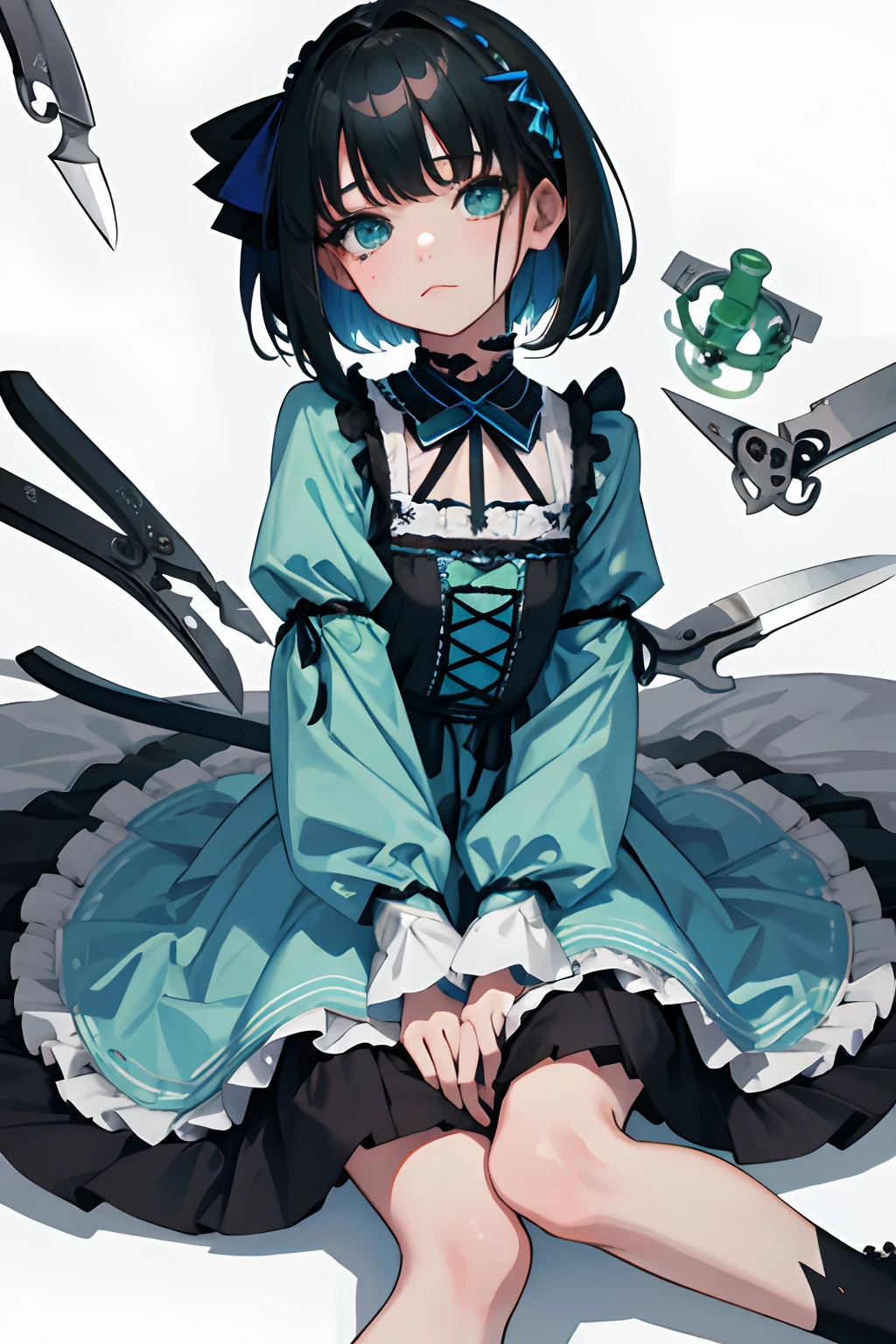wariza,hand between legs,child,(masterpiece,Highest Quality),shortsleeves,Blue-green Gothic Lolita,Sleepy face,A dark-haired,Medium bob,utility knife,Small scissors