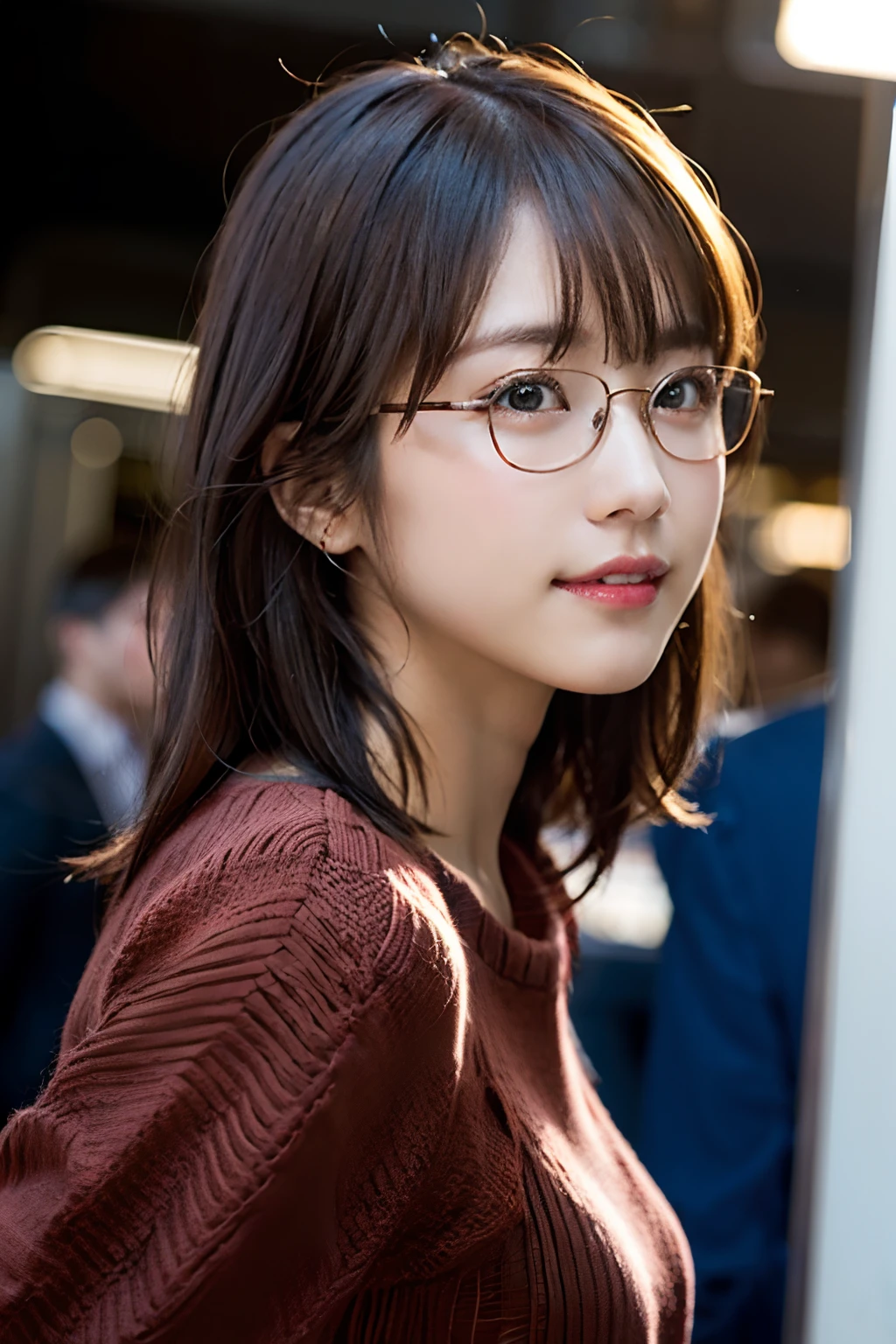 (8K、Raw photography、top-quality、masterpiece:1.2)、(realisitic、Photorealsitic:1.37)、ultra-detailliert、超A high resolution、1人、see the beholder、beautifull detailed face、A smile、Constriction、(Slim waist) :1.3)、short-cut、Beautiful detailed skin、Skin Texture、Floating hair、Professional Lighting、Wait for the platform train、Square glasses with black rimming 、Whole human body、Brown hair