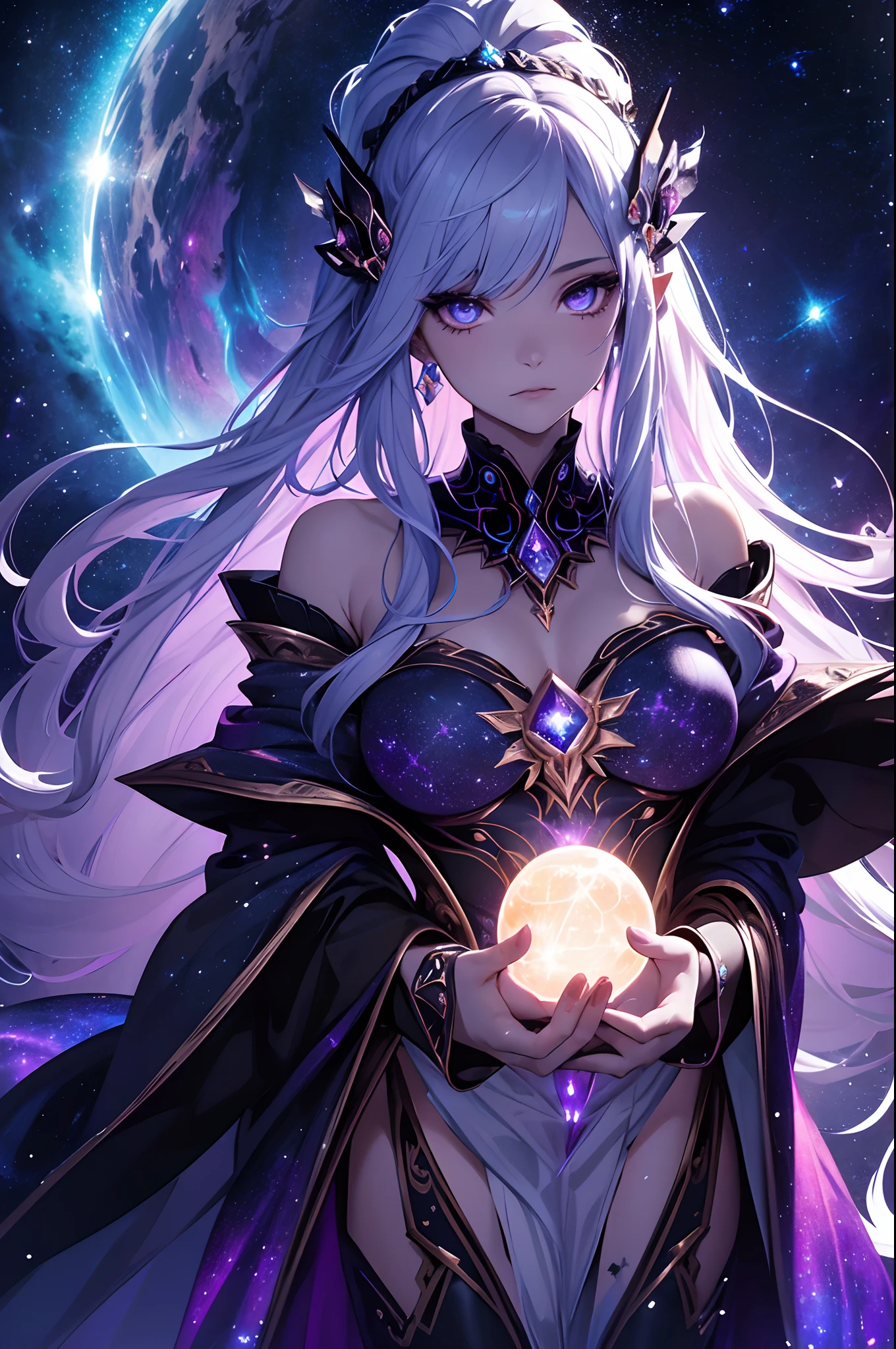 space witch, a mystical being with a dark and enchanting presence. She has long, flowing hair that resembles the night sky, with stars and galaxies twinkling within it. Her attire is a combination of celestial robes and intricate armor, adorned with intricate cosmic symbols. She holds a staff with a glowing crystal at its tip, emanating a mysterious energy. The scene is set in a nebula-filled universe, with swirling colors and distant planets. The witch exudes power and wisdom, casting spells and harnessing the forces of the cosmos. (Mystical:1.2, cosmic lighting:1.3, celestial elements:1.2).
