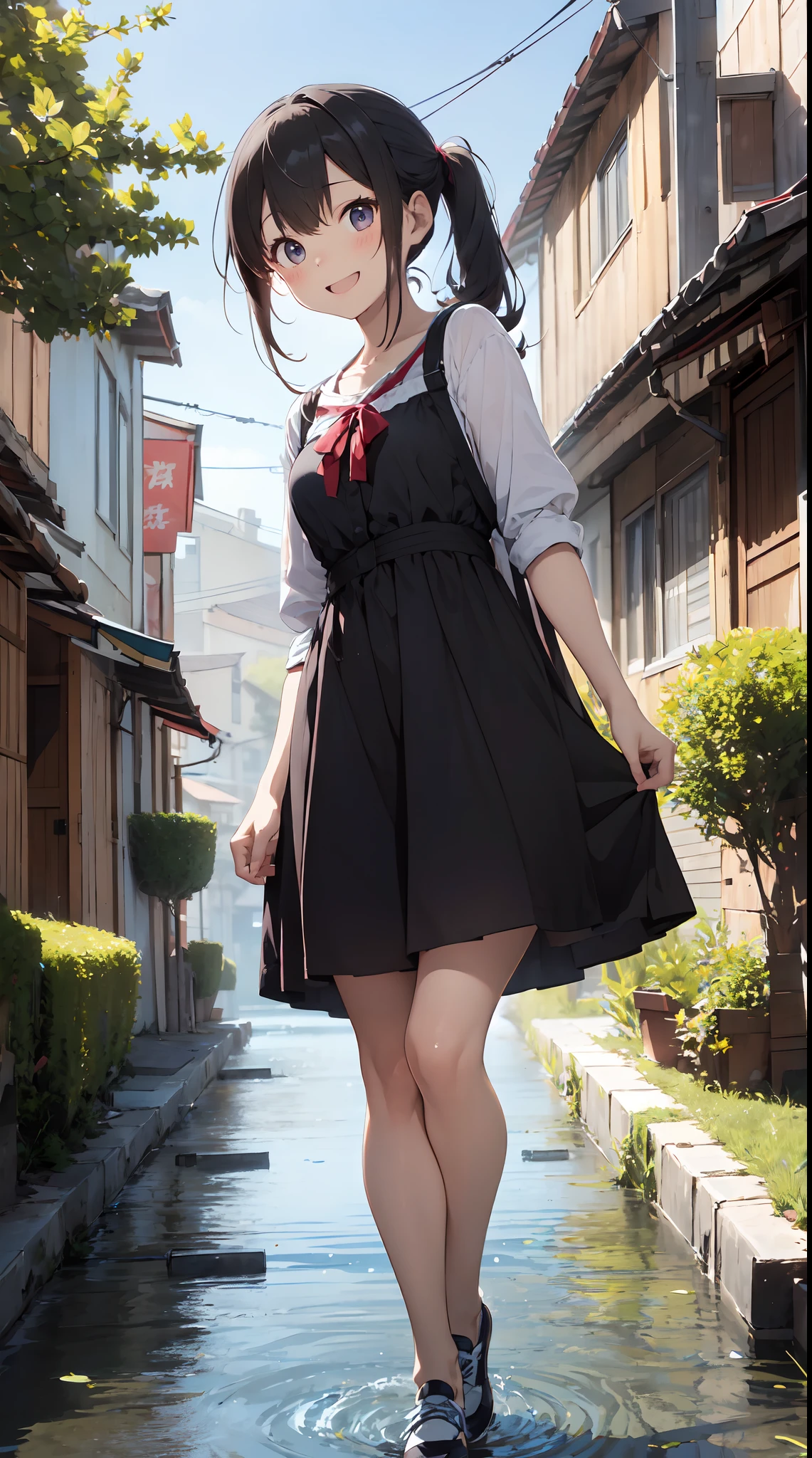 Background with: The center of the tin colony。 A stream flows in the distance、The silent scenery that you can hear。 人物: Teenage transparent girl。Hairstyle is bob、Hair color is black、Hair quality is wavy。 Facial expressions and eyes: Happy smiling face、Eyes are brown、Realistic and complex eyes。 garments: Pastel dress。White flat shoes。 Poses:While picking tin flowers、Walking forward。 effect: The focus is on the girl and the tin plucked。 styles: Real Taste Special Elements:hightquality、Inner peace、masterwork、Real Stick、「The Coming of Happiness」Motifs of