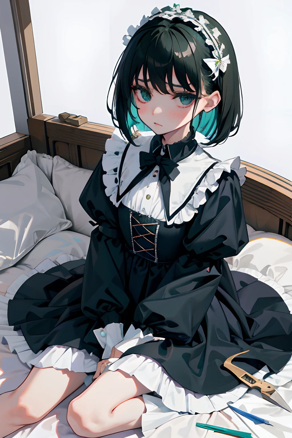 wariza,hand between legs,child,(masterpiece,Highest Quality),shortsleeves,Blue-green Gothic Lolita,Sleepy face,A dark-haired,Medium bob,utility knife,Small scissors