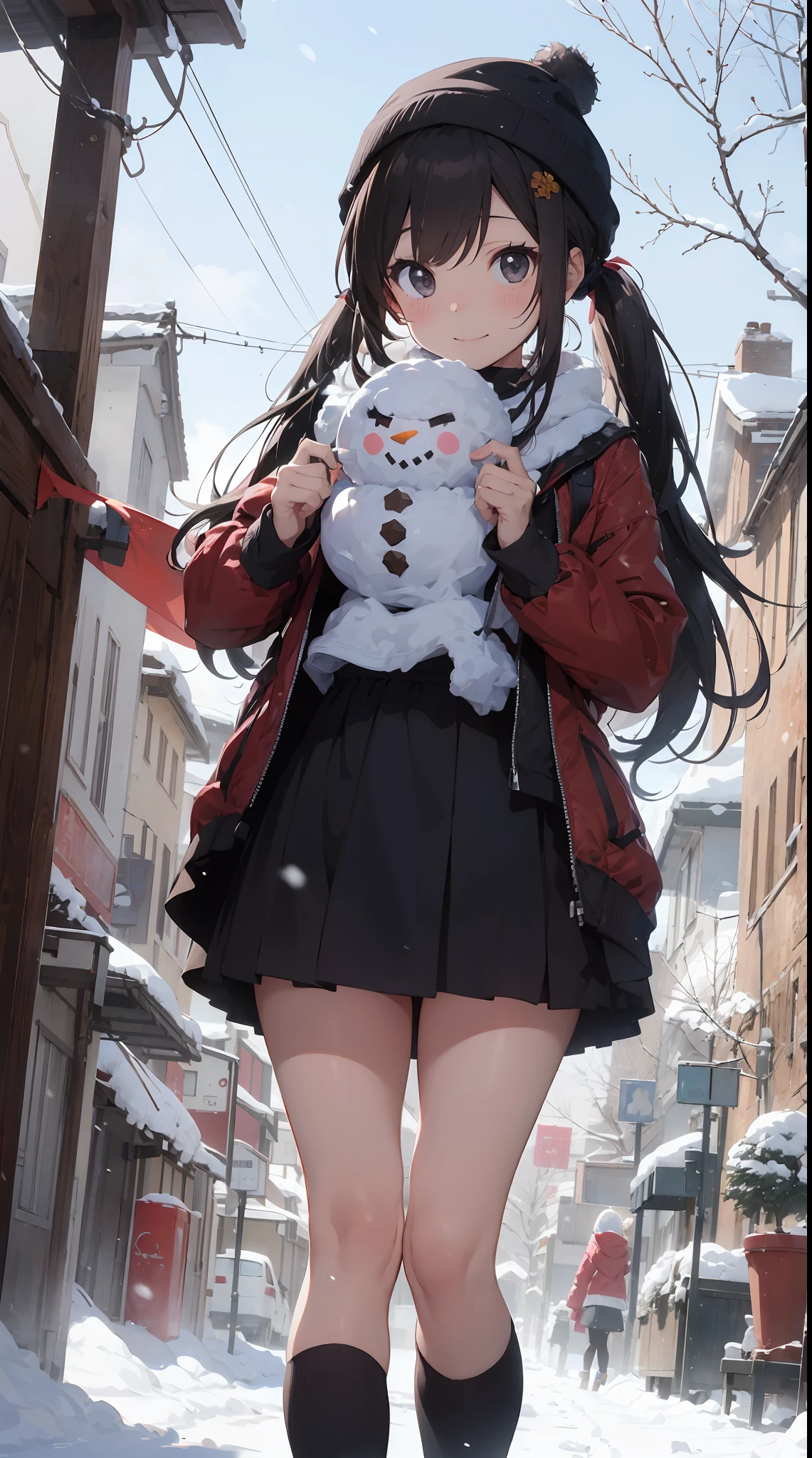 Illustration of a girl making a snowman in a snowy landscape。She wears a red coat and a black skirt.、Her hair is golden twin tails。She wears a scarf and hat on a snowman.、Smiling happily。There is white snow and trees in the background、You can feel the winter atmosphere。The colors are unified in red and white.、Warmth and cuteness are emphasized。（cuteness：1.5）（soothing：1.3）（hightquality：1.2）（Sketched：1.0）