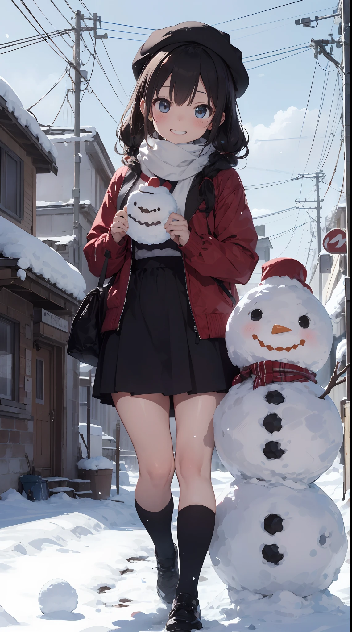 Illustration of a girl making a snowman in a snowy landscape。She wears a red coat and a black skirt.、Her hair is golden twin tails。She wears a scarf and hat on a snowman.、Smiling happily。There is white snow and trees in the background、You can feel the winter atmosphere。The colors are unified in red and white.、Warmth and cuteness are emphasized。(cuteness:1.5)(soothing:1.3)(hightquality:1.2)(Sketched:1.0)