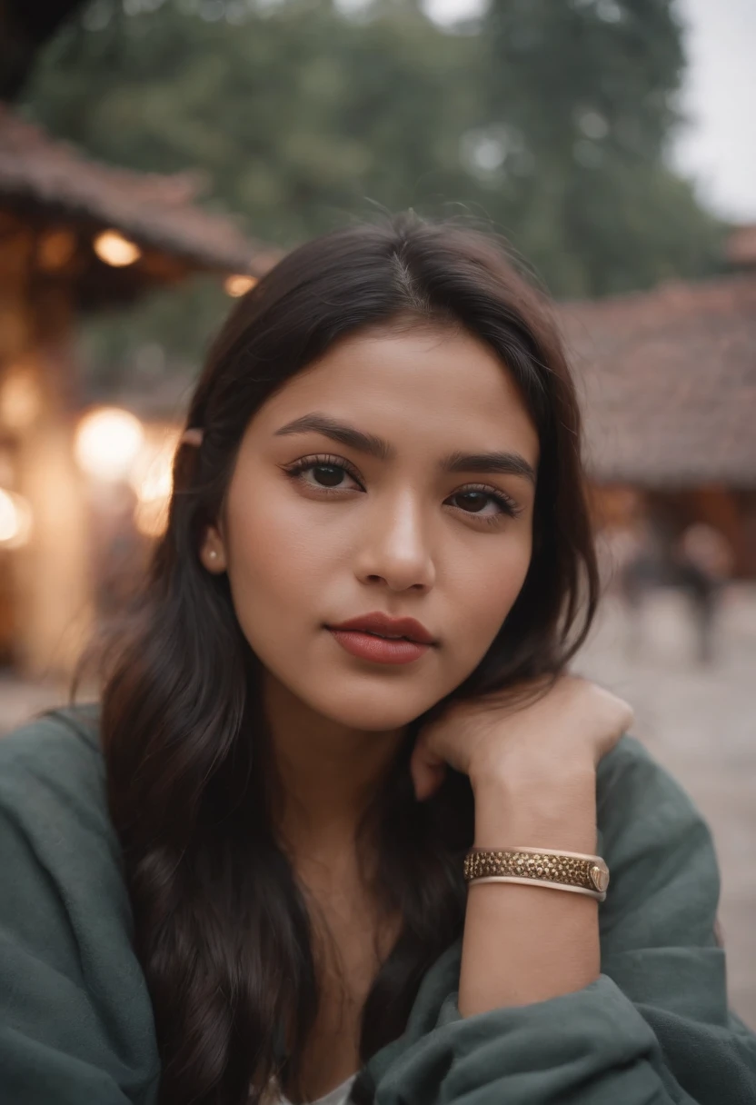 tourist, in the style of rap aesthetics, girl，Nepal，make for a memorable photo. The background places of Kathmandu , photo taken with fujifilm superia, charly amani, oversized portraits, babycore, full body, skirt, crop top, )full body), side pose