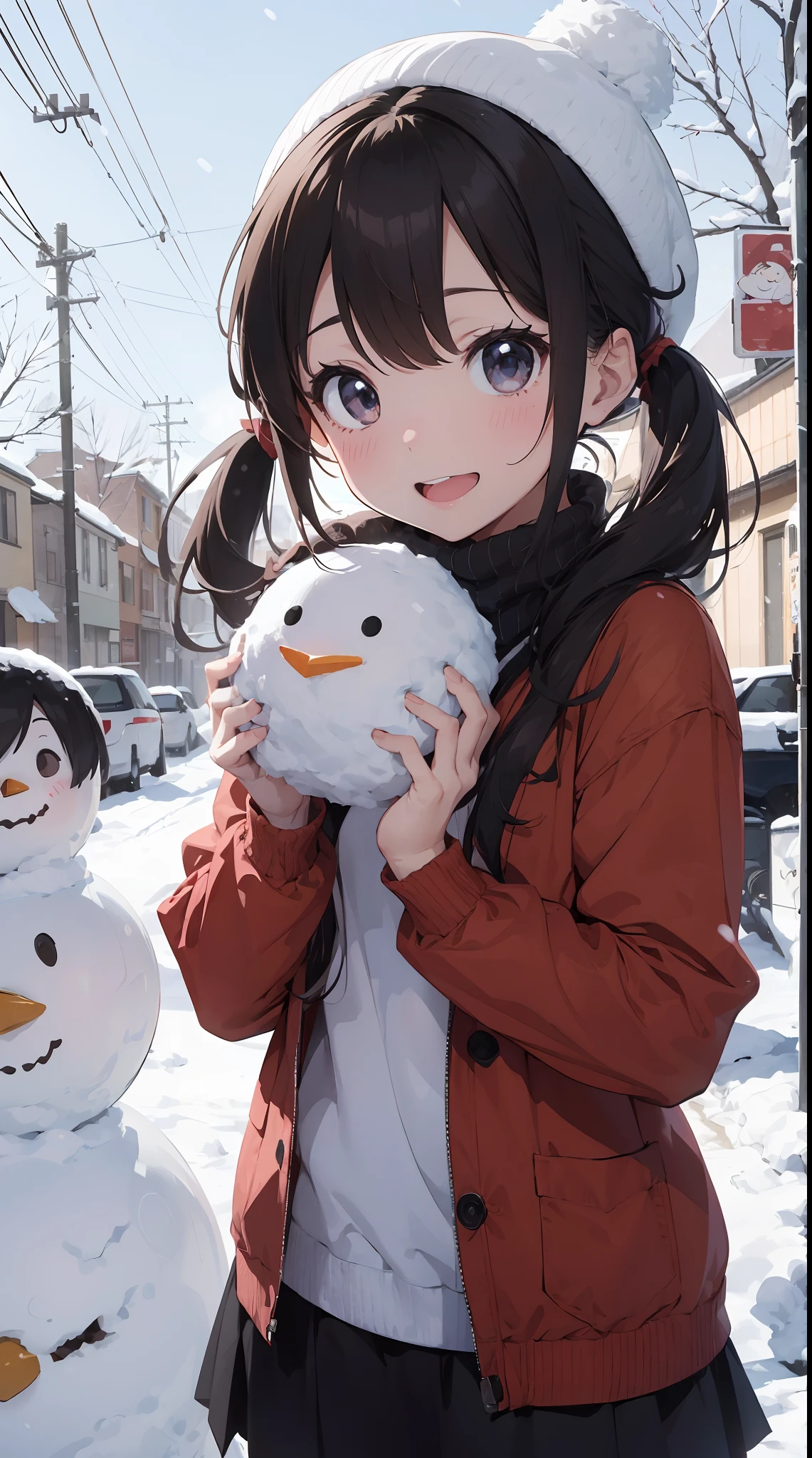 Illustration of a girl making a snowman in a snowy landscape。She wears a red coat and a black skirt.、Her hair is golden twin tails。She wears a scarf and hat on a snowman.、Smiling happily。There is white snow and trees in the background、You can feel the winter atmosphere。The colors are unified in red and white.、Warmth and cuteness are emphasized。(cuteness:1.5)(soothing:1.3)(hightquality:1.2)(Sketched:1.0)