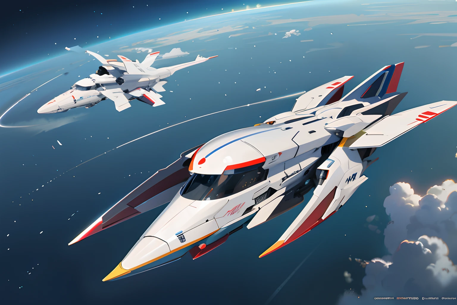 a drawing of a space ship flying through the sky, concept art by Yoshiyuki Tomino, featured on pixiv, cobra, toonami, marvel comics, sabattier effect