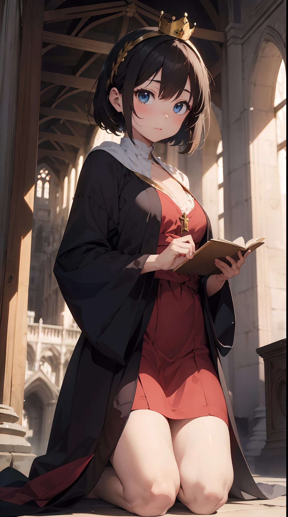 The young Queen Elizabeth of the British Empire is wearing a robe décolleté and a shoulder shawl at Westminster Abbey for the crown ceremony.。She wears a blue dress with a red robe and shawl.、Her hair is short brown。For her to express realistically、He is kneeling at the moment the priest puts his crown on him.、Eyes are open。The priest wears a black robe with a golden mithra.、In his hands he holds a silver crown。In the background are the interiors of Westminster Abbey and other nobles and clergy.、You can feel the atmosphere that respects formality and tradition。(realisitic:1.5)(hightquality:1.2)(a picture:1.0)