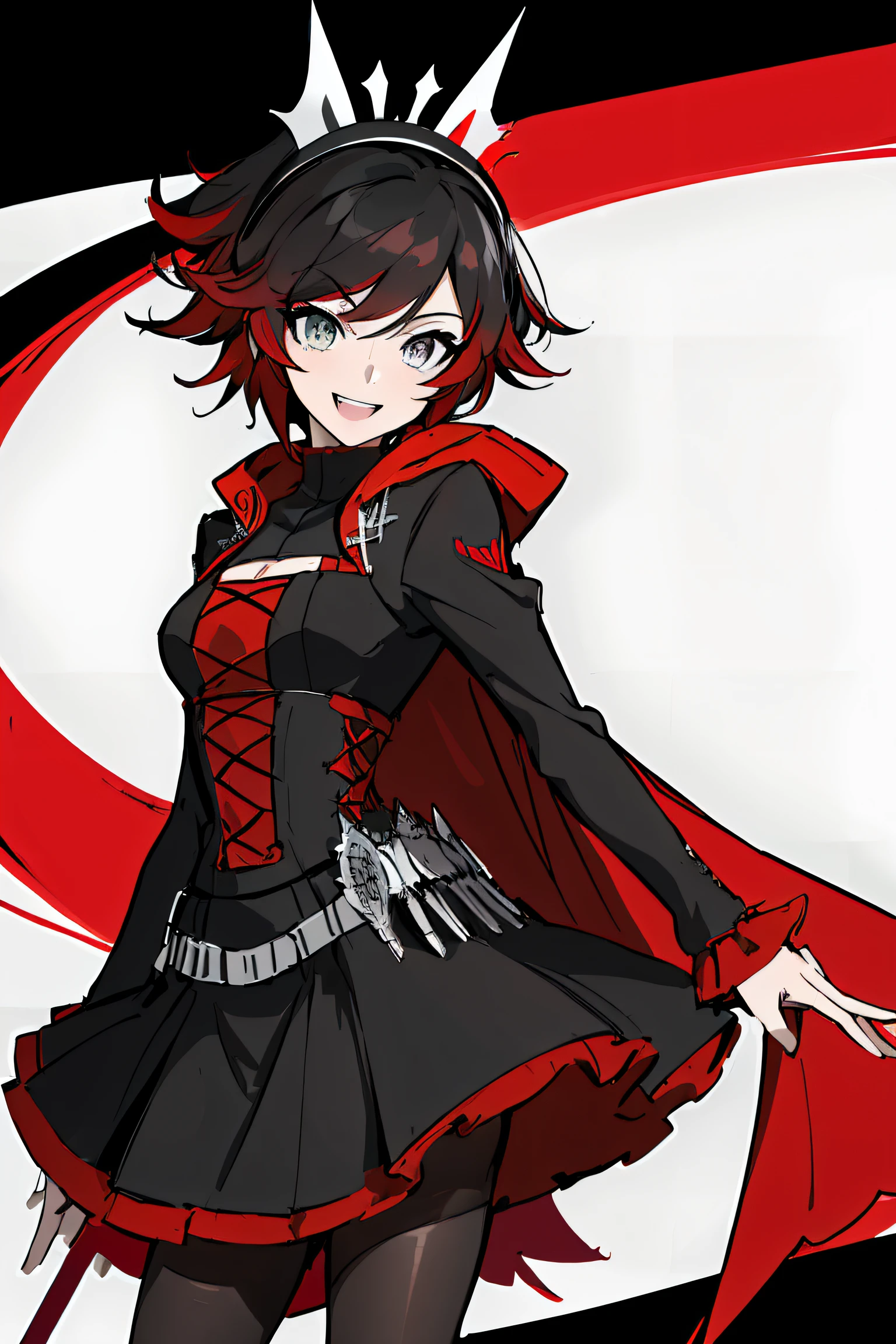 (absurdres, 8k, 4k, masterpiece, hyper extreme detailed:1.2), ((masterpiece,best quality)), absurdres, Ruby_RWBY, solo, looking at viewer, smiling, ruby rose, black dress, long sleeves, red cape, pantyhose,