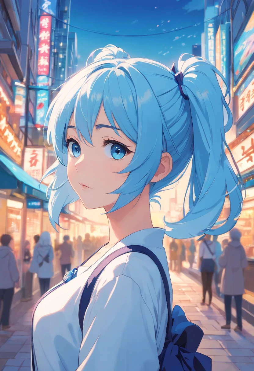 Light blue hair,double ponytail curls,blue color eyes,White Lolita,Beth,busy cityscape