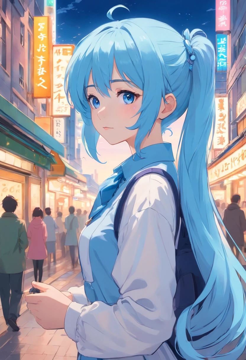 Light blue hair,double ponytail curls,blue color eyes,White Lolita,Beth,busy cityscape