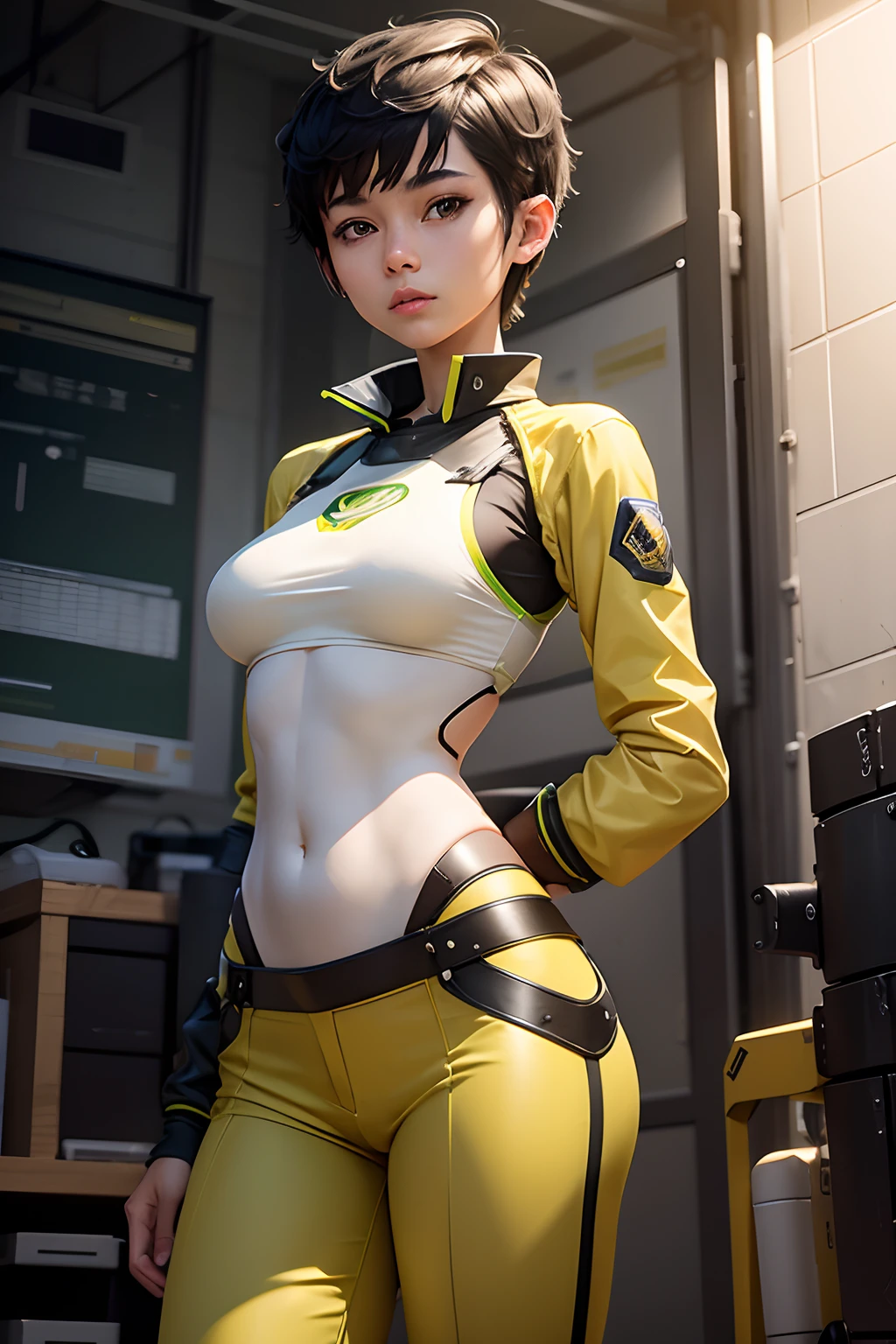 Emelia is a dedicated AI robotics engineer. She is wearing a work uniform with pants that is yellow and green. She's a slender, toned, slightly muscular woman with black short pixie haircut small breast. Emelia's a mix of white and Japanese ethnicity, standing at 5'6". She is standing in front of a robot she built.
