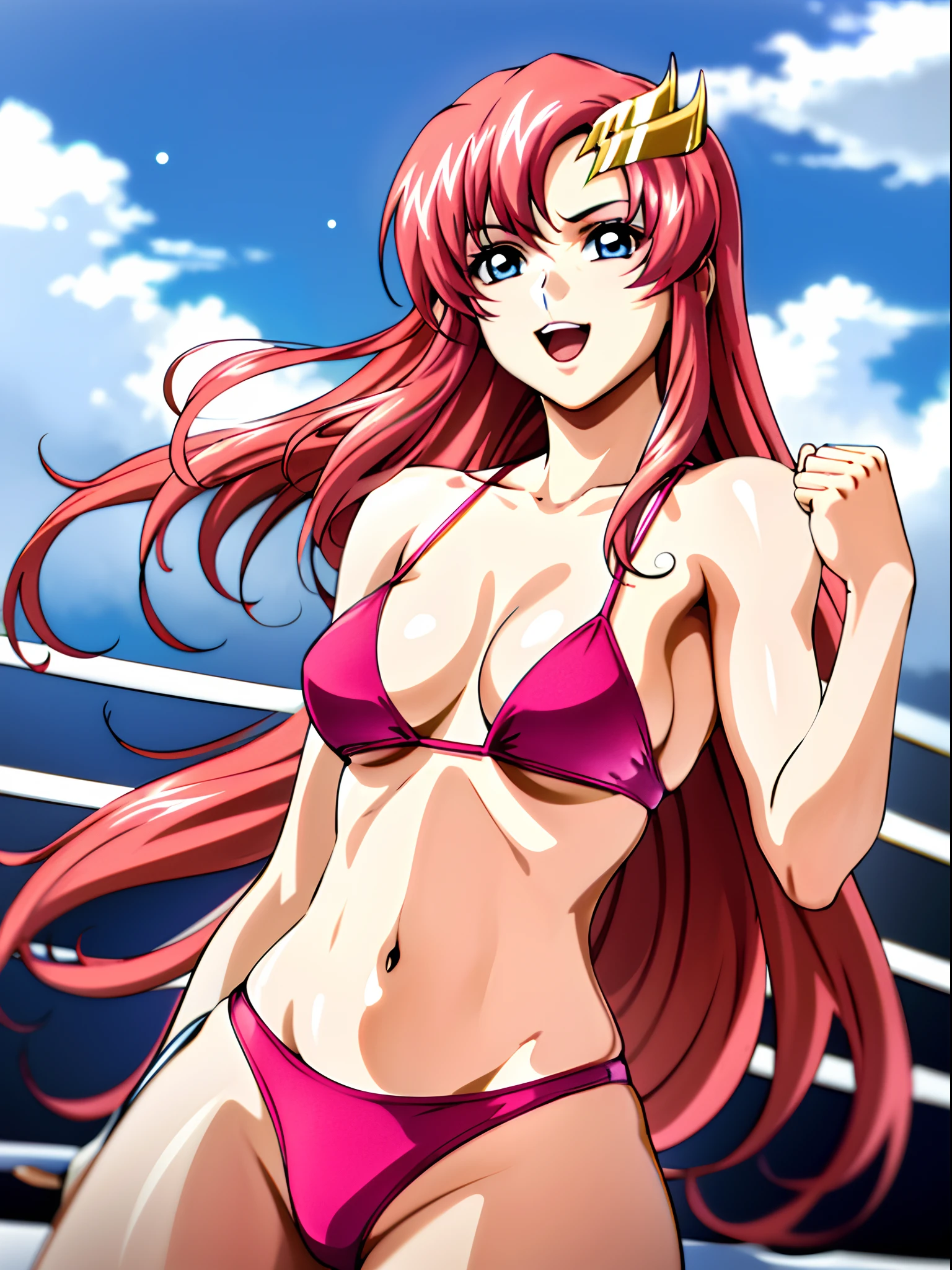 (masterpiece, upper body view, 4K, Best Quality, Anime style: 1.9,, Adult Woman, ultra detailed face, (cloud background, wrestling), Drawing lines, high resolution, Anime, lacus4), 1girl, Solo, curvy figure, Long hair, 鎖骨, scapular, (Detailed wide hair bangs, Hair Ornament, Detailed reddish-pink hair, golden crest), cleavage, large hands, (female wrestler). (Big blue eyes, shiny eyes), ((female wrestler, little biceps, slender body, broad shoulders, closed fists)), ((perfect proportions, medium breasts, long belly)), (((micro bikini, pink wrestling gear, champion))), happy, smile, open mouth, (leaning, looking at the viewer), showing off underarm, (elegant lady)