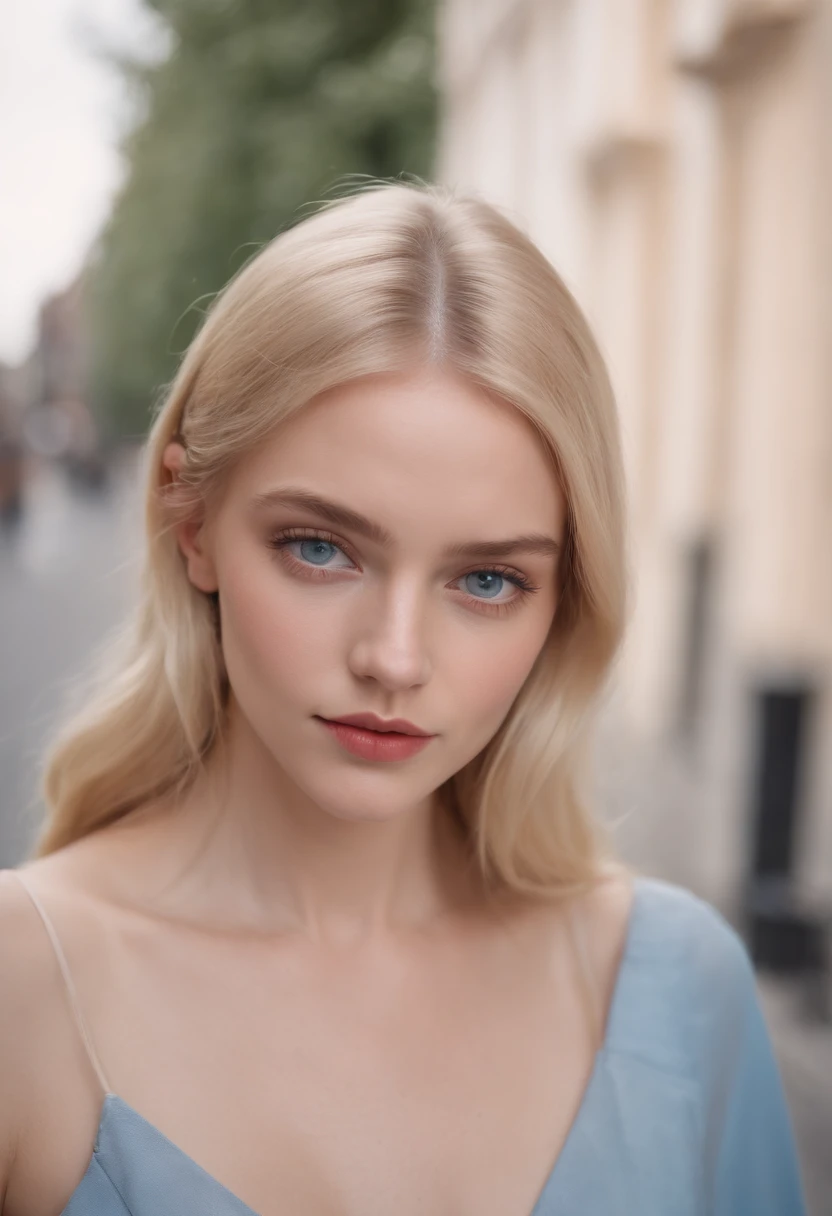 Jeune fille blonde de 23 ans, very beautiful with light blue eyes , des cheveux de taille moyenne, influenceur portant un look de mannequin GUCCI dans la rue de PARIS, High-resolution realistic photo