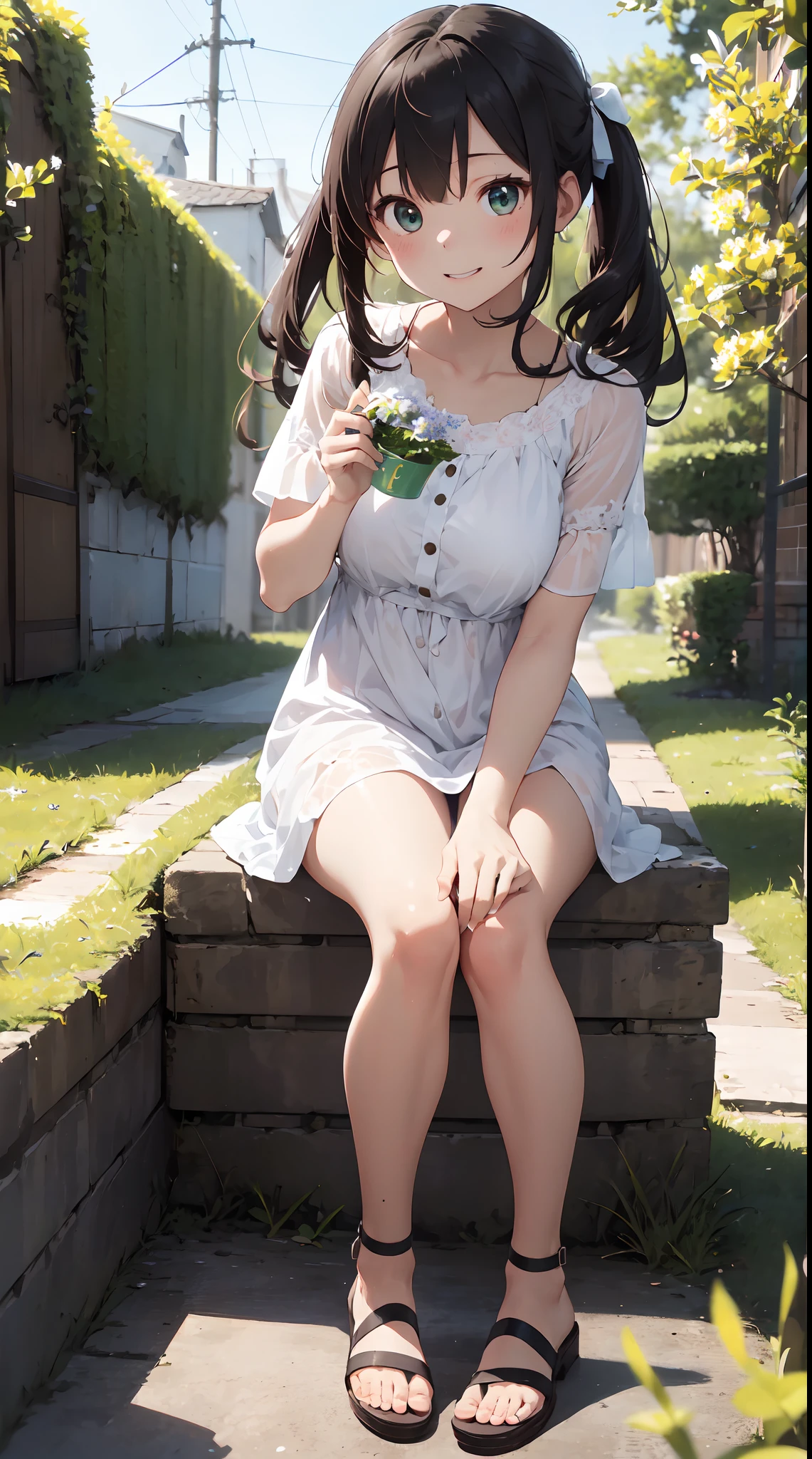With background: Spring tin colony。 A few delicate tin flowers bloom from among the green leaves。 Sunlight on trees々Plug in from between、florals々is gently illuminated。 人物: Obvious girl in her late teens。Hairstyle is long hair、Hair color is brown、Hair is straight。 Facial expressions and eyes: Happy smile、Eyes are green、Realistic and complex eyes。 garments: White dress with green ribbon。 White sandals at the feet。 Poses:Pick up a tin flower、Admire its beauty。 Emphasizing the harmony and the tin colony in the background。 styles: Real Taste Special Elements:hightquality、Inner peace、masterwork、Real Stick、「The Coming of Happiness」Motifs of