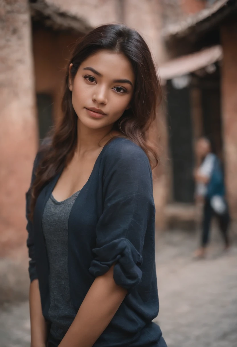 tourist, in the style of rap aesthetics, girl，Nepal，make for a memorable photo. The background places of Kathmandu ，photo taken with fujifilm superia, charly amani, oversized portraits, babycore, (full body), jeans, crop top, back pose
