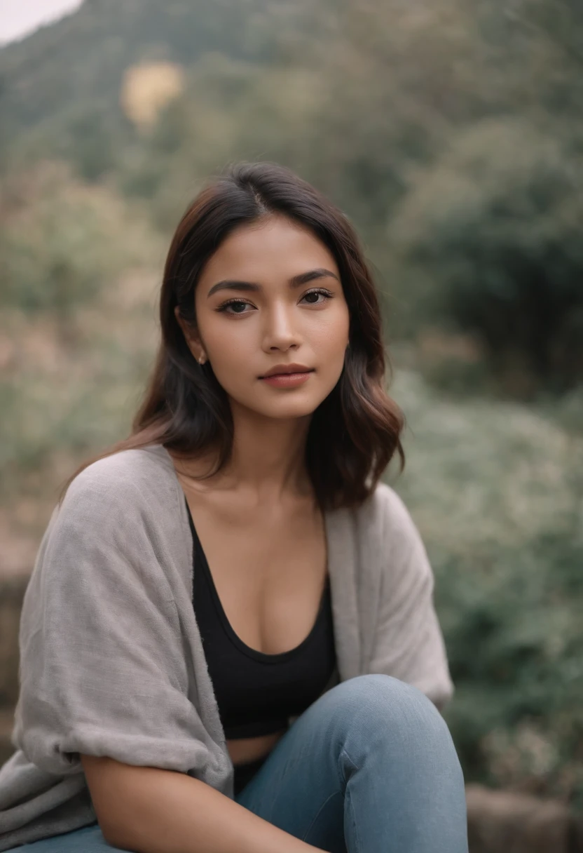 tourist, in the style of rap aesthetics, girl,Nepal,make for a memorable photo. The background places of Kathmandu ,photo taken with fujifilm superia, charly amani, oversized portraits, babycore, (full body), jeans, crop top, back pose