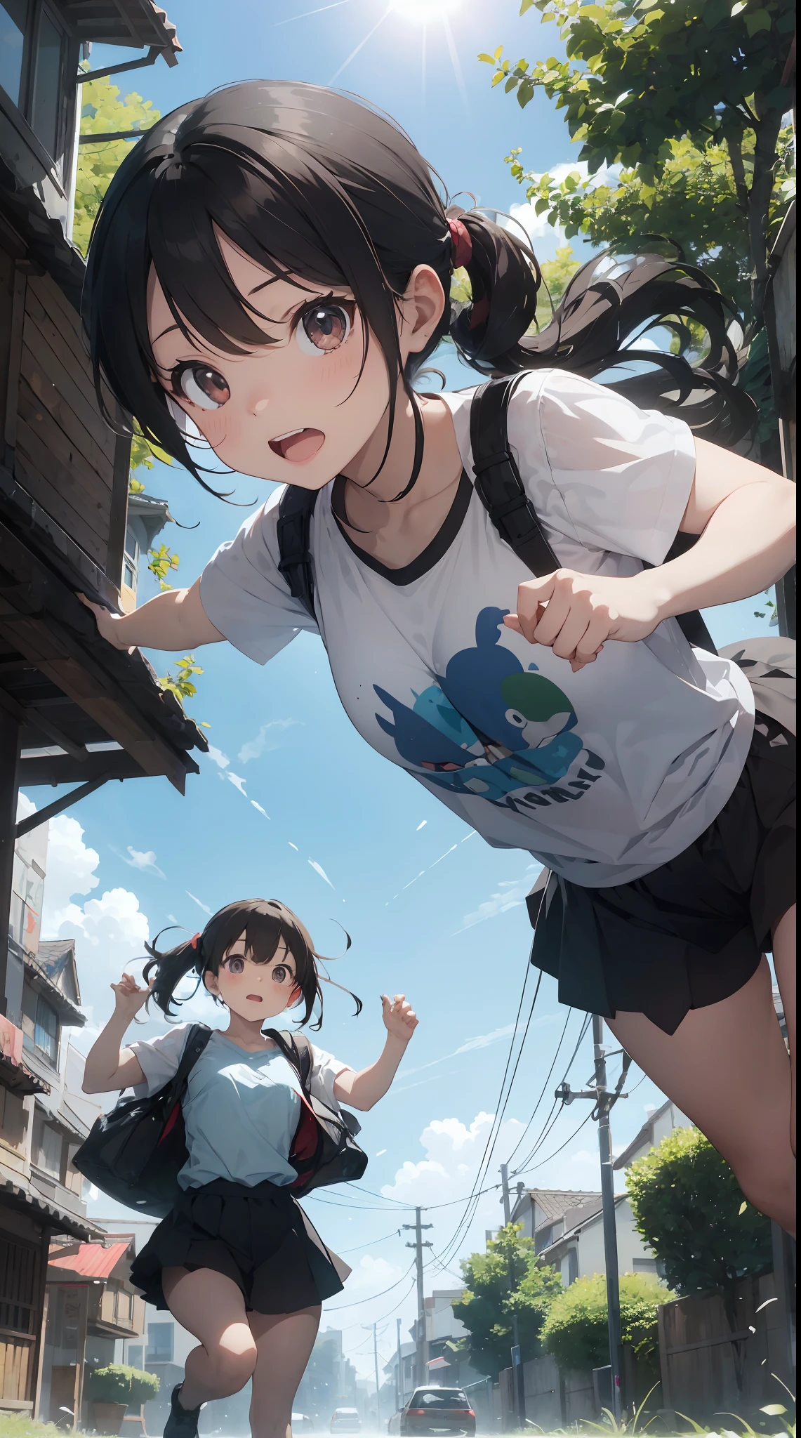 Masterpiece, highest quality, high resolution background, bright and beautiful atmosphere, 1 girl (2 years old, 1 short-tempered round face), 1 person (hair, surface effects), small breasts, old housing complex, summer clothes, girl playing hide and seek, "deltamon_sdXL" :0.73) >Deltamon”、color々Perspective