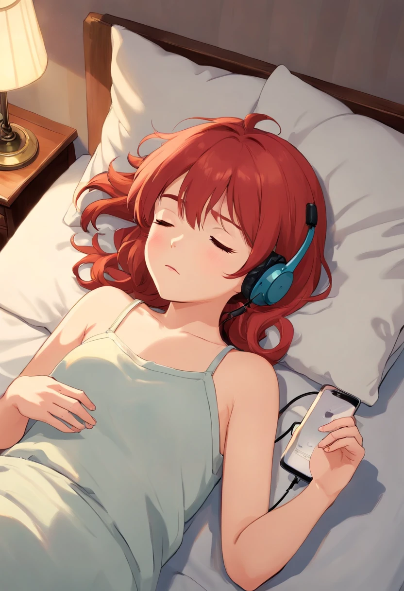 A girl 20yo is sleeping on the bed, the girl looks tired and sad, Half naked, with the camera from above, (red hair), with a headset on her head next to the cell phone,