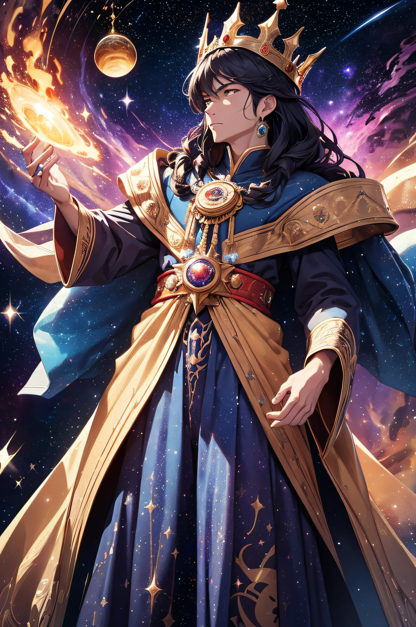 space-themed king, a majestic and regal ruler of the cosmos. He is dressed in a magnificent robe adorned with celestial patterns, reflecting the vastness of the universe. His crown is studded with sparkling gemstones, representing the stars. The king's presence is commanding, with an aura of authority and wisdom. He stands on a platform surrounded by swirling galaxies and nebulae, symbolizing his dominion over the cosmic realm. (Regal:1.2, cosmic attire:1.3, galactic backdrop:1.2).