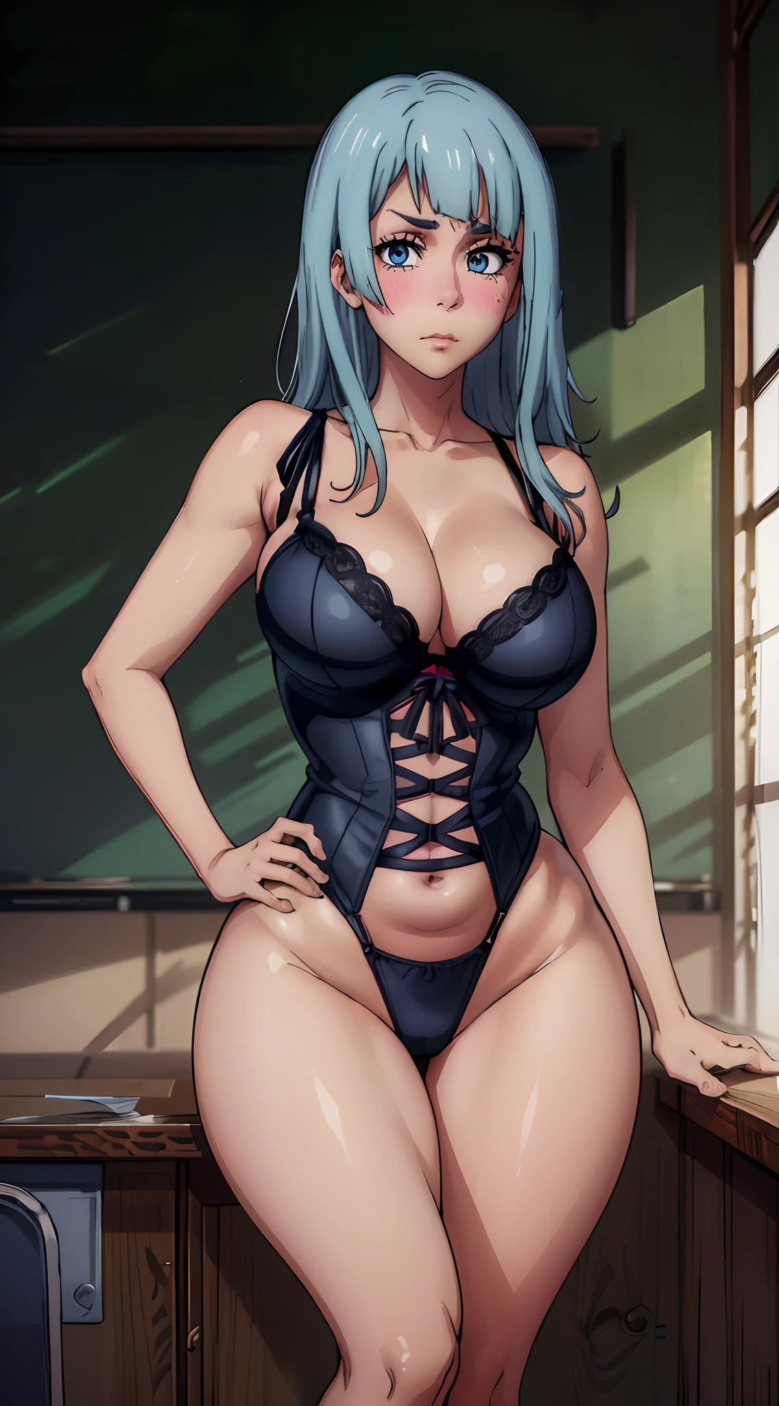 (melhor qualidade:1.3), (qualidade 4K), Kasumi Miwa por jujutsu no kaisen, ((Rosto detalhado)), ((cara de)), ((body curvy)), (peitos grandes), clivagem, sexy, ((sala de aula)), ((lingerie))