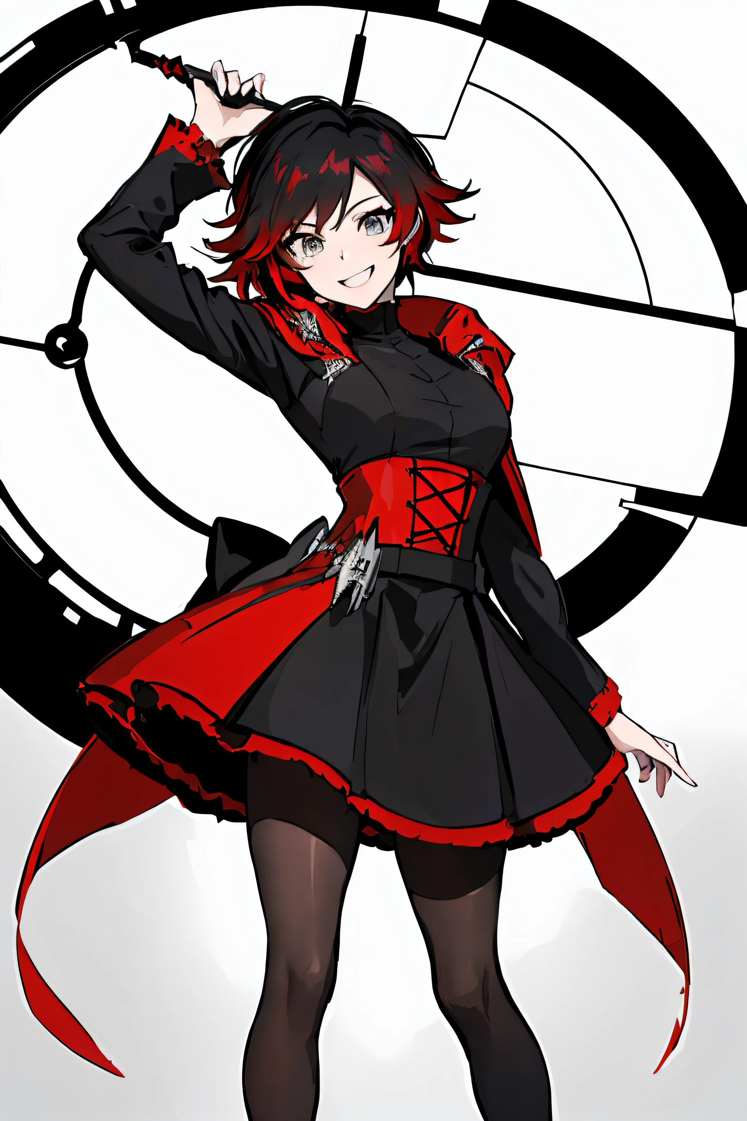 (absurdres, 8k, 4k, masterpiece, hyper extreme detailed:1.2), ((masterpiece,best quality)), absurdres, Ruby_RWBY, solo, looking at viewer, smiling, ruby rose, black dress, long sleeves, red cape, pantyhose,