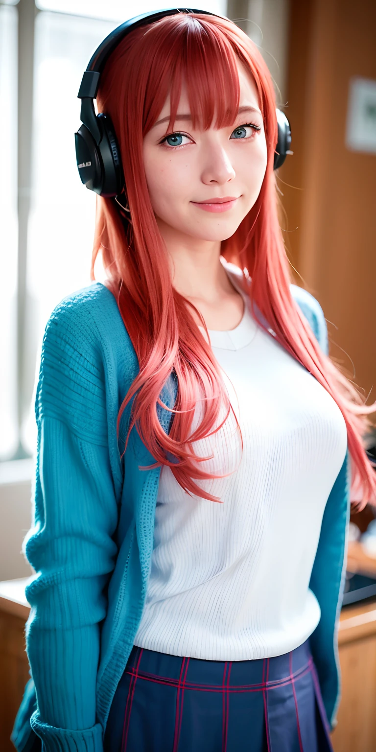 best quality, ultra high res, (photorealistic:1.4), blue eyes, looking at viewer, blush, red lips, full bust shot, eenage girl with pink red hair, one long strand of hair falling across her face, long strand of hair covering her nose, headphones down, hair in her headphones, skinny, asian facial traits, aamiku, Nakano Miku from The Quintessential Quintuplets, real life Miku Nakano, cowboy shot, straight hair, dark blue eyes, sparkling eyes, blue headphones around neck, light blue sweater, collared white shirt, green pleated skirt, school uniform, shy smile, blushing