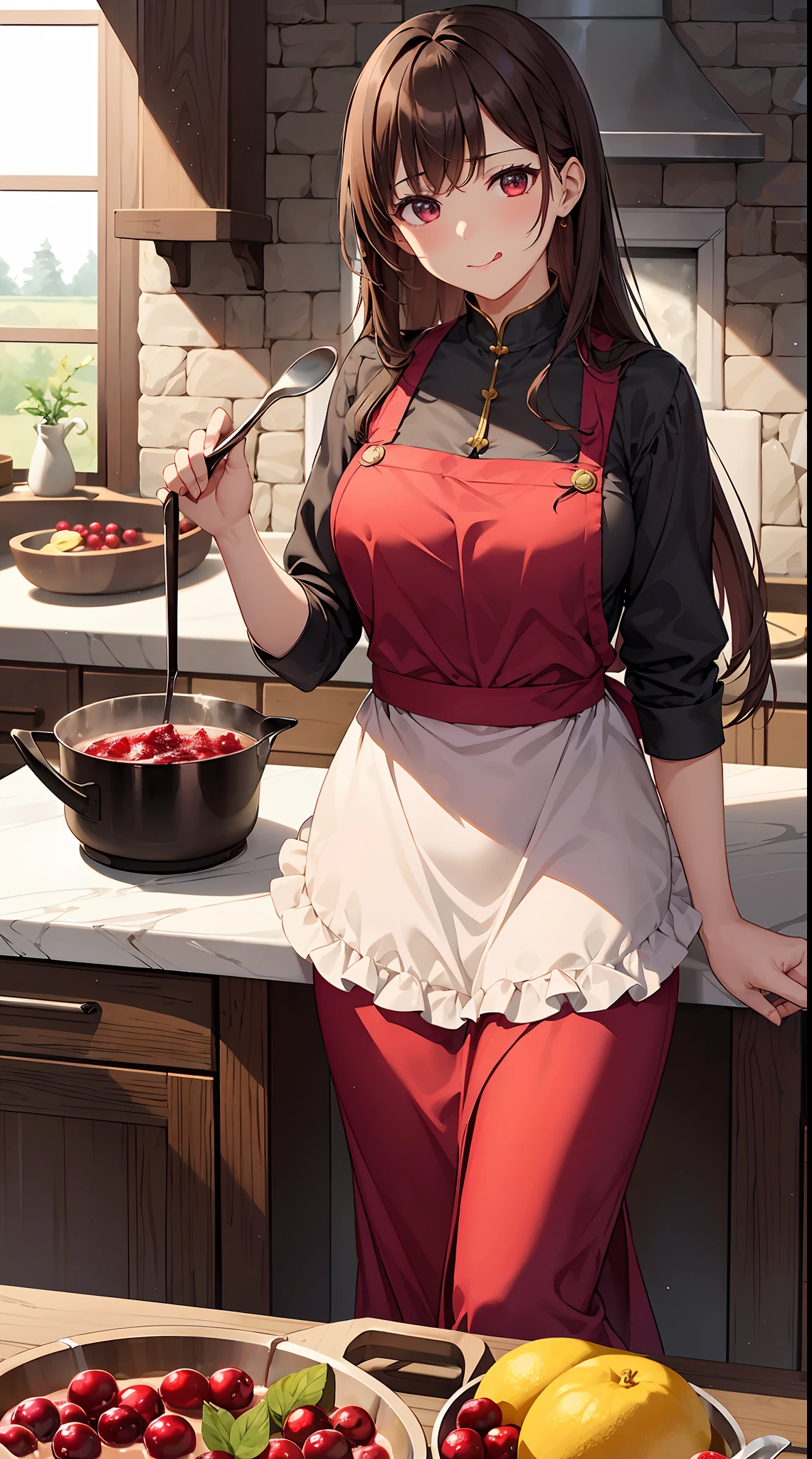 Background with: Luxury kitchens in medieval Europe。 There is a pot by the big fireplace.、Cranberry jam is boiled in it。 Fresh cranberry kernels and sugar on the kitchen table、Ingredients such as lemons are lined up。
人物: Young Marquis。Hairstyle is long hair、Hair color is brown。She wears a gorgeous dress and、Working in the kitchen with an apron on。
Facial expressions and eyes:The focus is on her face。She is concentrating on making jam.、Sticking out her tongue a little and working cutely。
Poses: One hand holds a wooden spoon、Stirring the jam in the pan。 In the other hand hold a cranberry fruit、Trying to add to the pot。
styles: Detailed background of medieval Europe and、Her gorgeous dresses and hairstyles are distinctive。 Overall, it has a historical atmosphere.、Highlights her cuteness。
Special elements: Cranberry colorful red、Among the whole shades are emphasized。Her dresses and kitchen décor too、Expresses the luxury of medieval Europe。