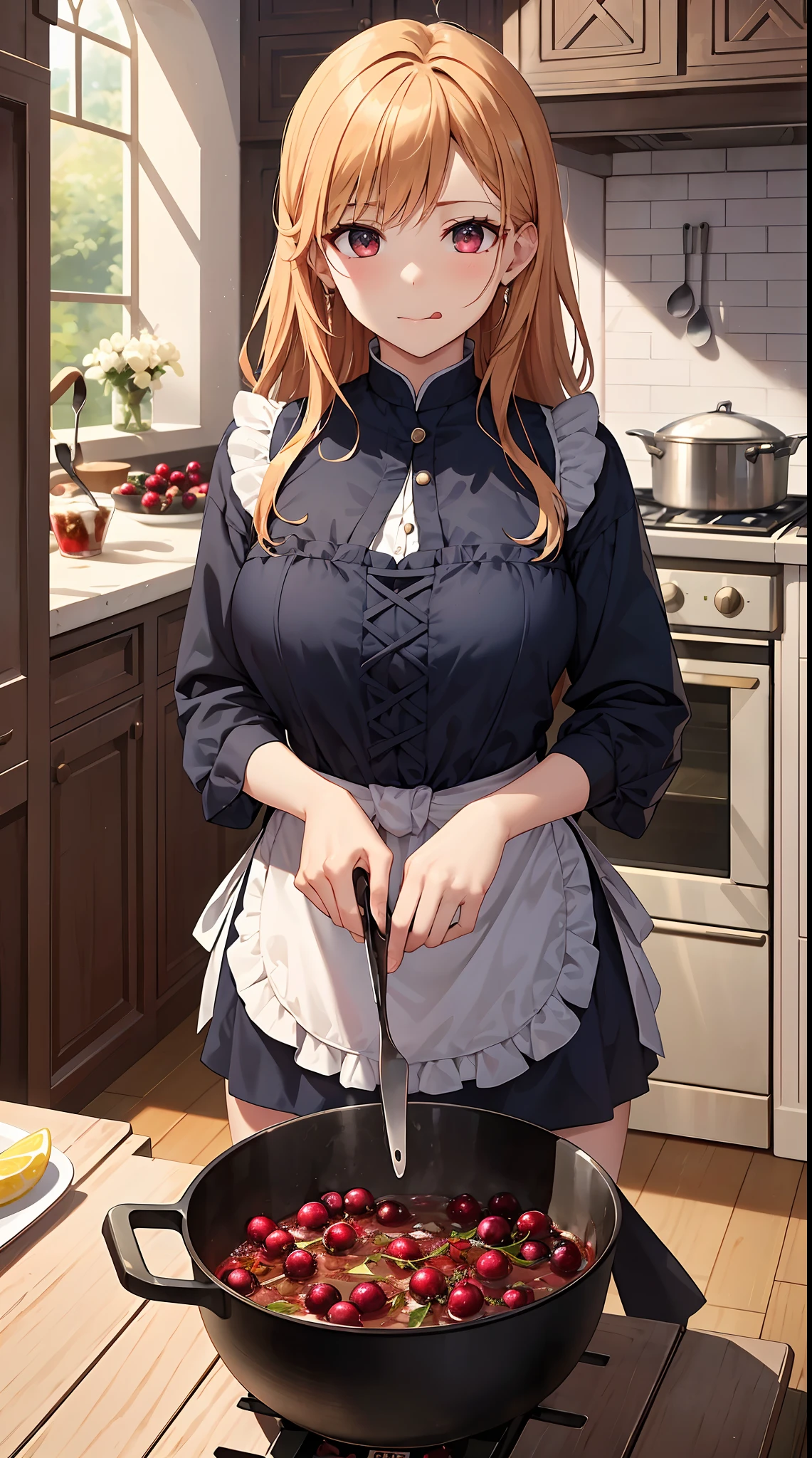 masterpiece, high quality, 4K, Beautiful design, silhouette，blonde， Very detailed，In the kitchen， wonderful, Finer details,  Very knowledgeable woman, Very detailedソロ, 1 female,Big Breasts，Butt，Cooking apron，apron，cooking，