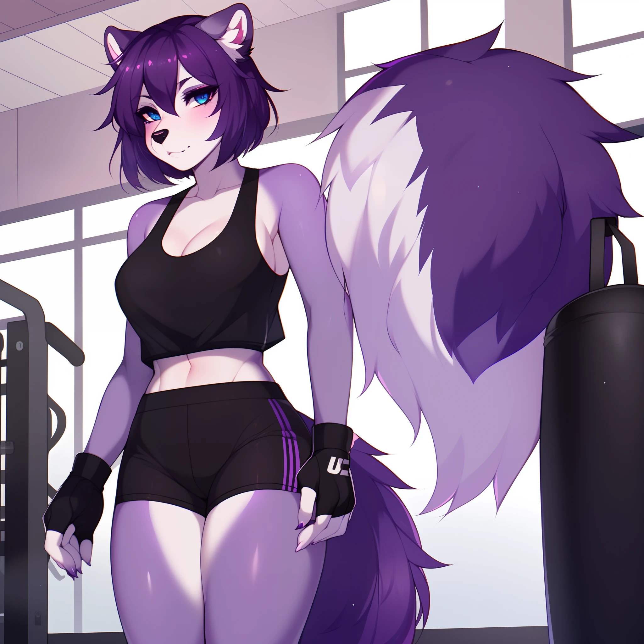 (By hyattlen, by fumiko, by claweddrip), solo, one girl, a purple anthro furry skunk girl, female, purple_body::1.2, white chest, black nose, (cute snout), (purple skunk tail)::1.2, ( short dark purple hair), solid blue eyes, highly detailed, wearing black short shorts, black tank top, ufc fighting gloves, barefoot, 4 toes,standing, at a gym, close up