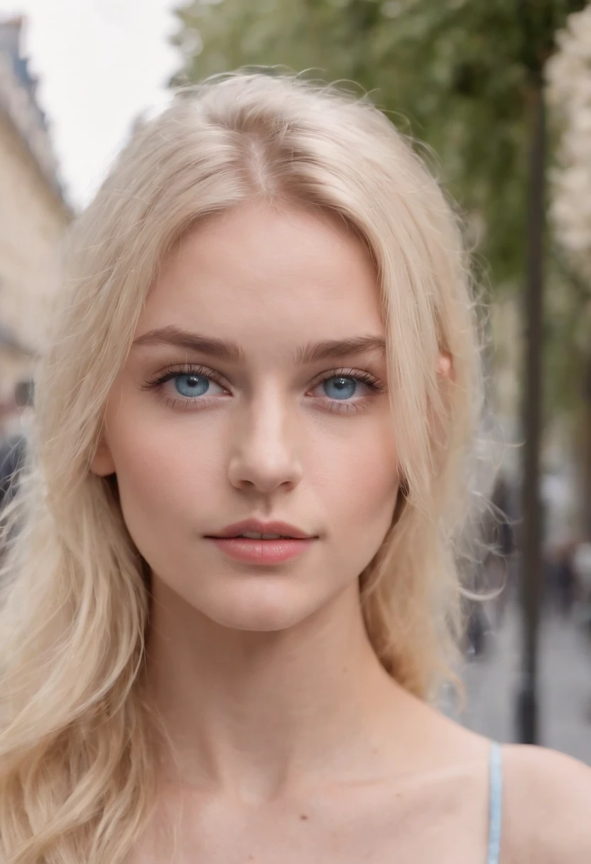23-year-old blonde girl, very beautiful with light blue eyes , des cheveux de taille moyenne, influenceuse tout nu dans la rue de PARIS.