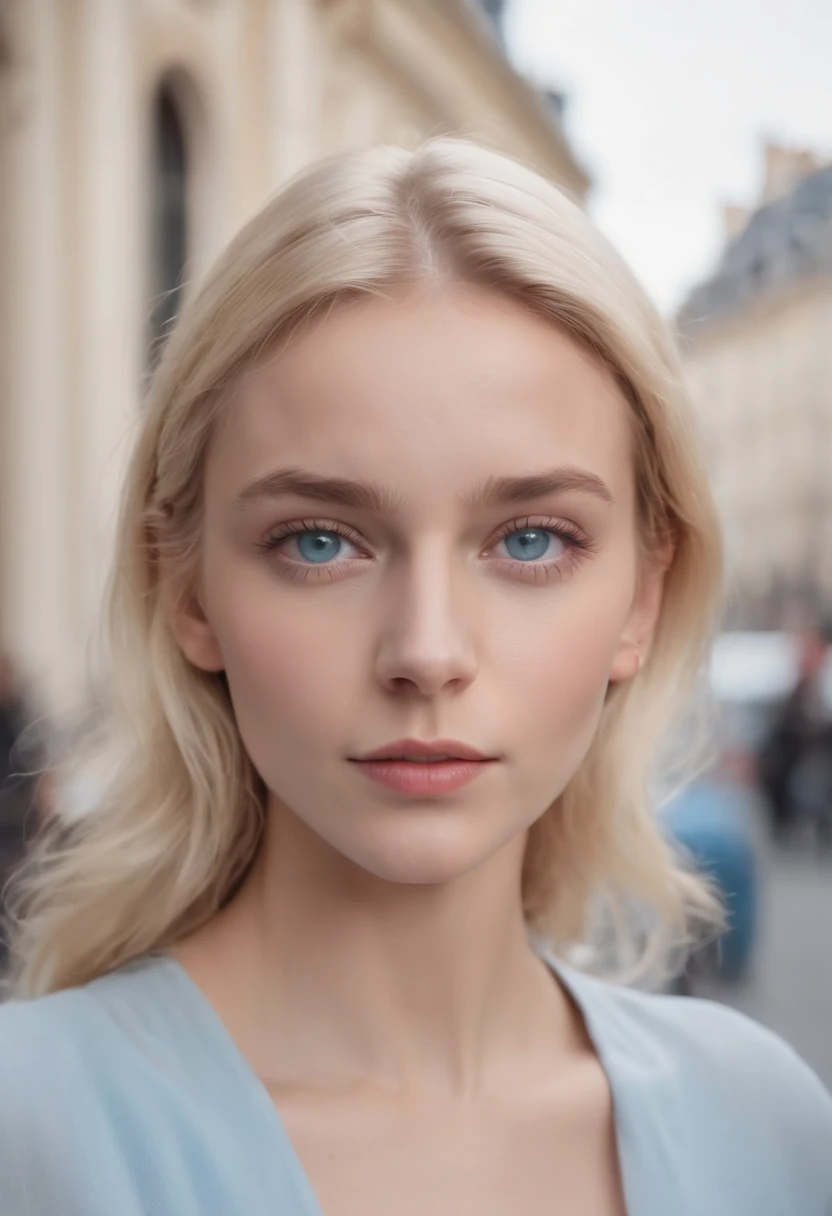 23-year-old blonde girl, very beautiful with light blue eyes , des cheveux de taille moyenne, influenceuse tout nu dans la rue de PARIS.